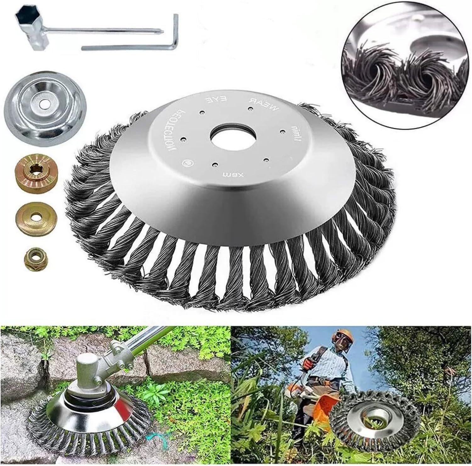 8 Inch Steel Wire Rotary Brush Cutter Trimmer Head Weed Blade Cutter with Adapter Kit Compatible with Husqvarna-Stihl-String-Trimmers, Gardening Lawnmower, Moss Grass Rust Removal image number 2