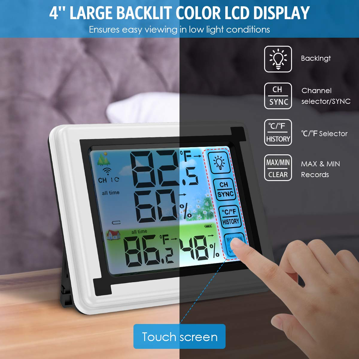 Upgraded Wireless Weather Station Indoor Outdoor Thermometer with Remote Sensor, Digital Humidity & Temperature Monitor with LCD Backlight,Touchscreen Min/Max Records for Baby Room, Office,Warehouse
