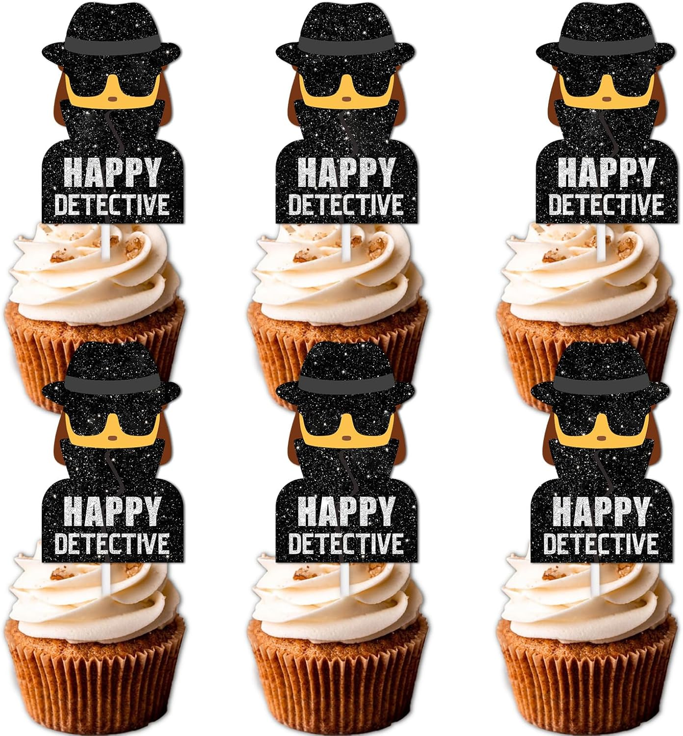 18Pcs Glitter Dessert Cupcake Topper Mystery Crime Clue Evidence Detective Agent Theme Happy Birthday Party Decor Supplies Decorations image number 6