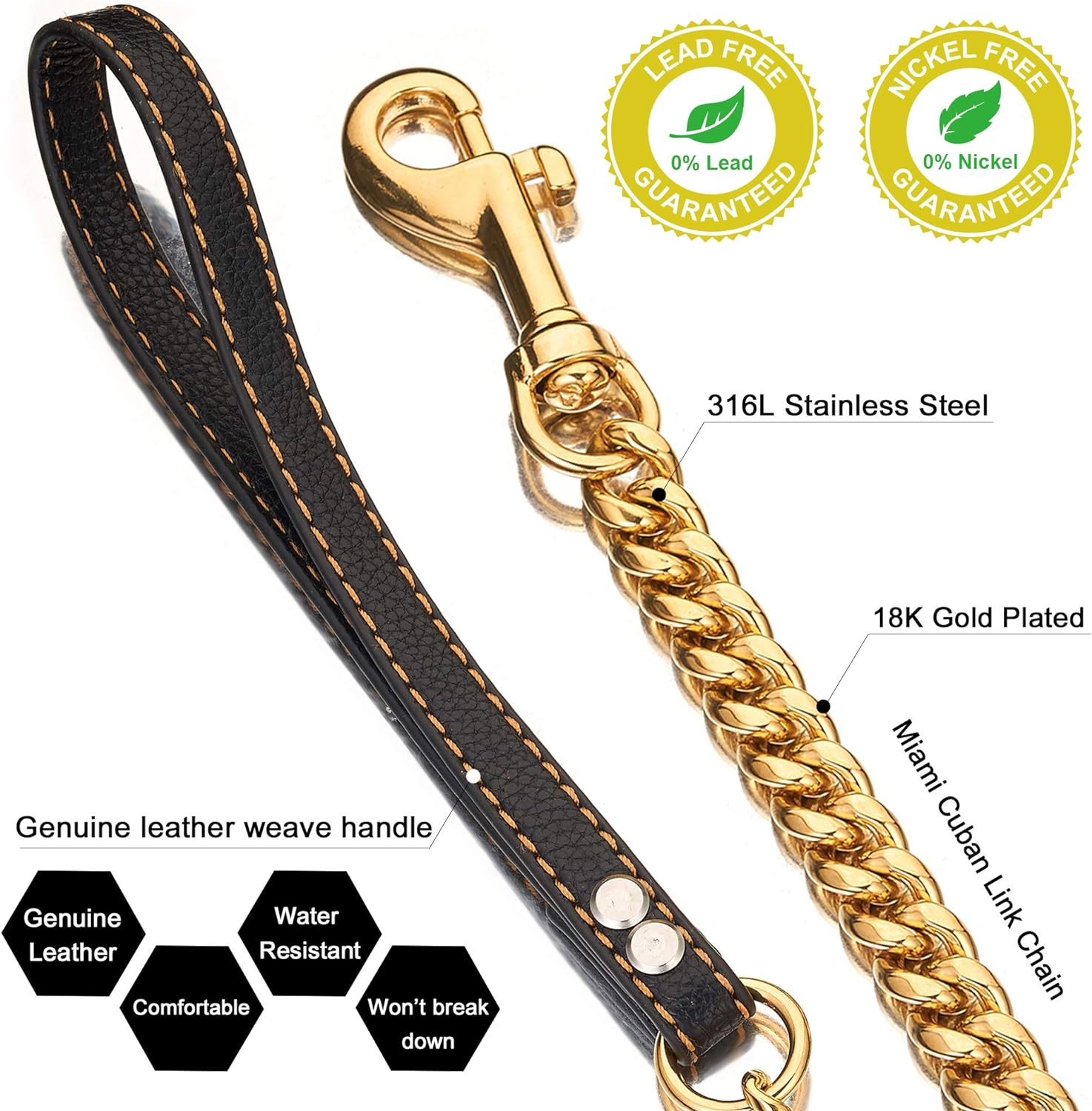 PRADOG Chain Dog Leash Metal Chew Proof 12MM Heavy Duty Pet Leash Chain with Leather Padded Handle for Large Medium Small Dogs(Total Length of 5Ft) image number 6