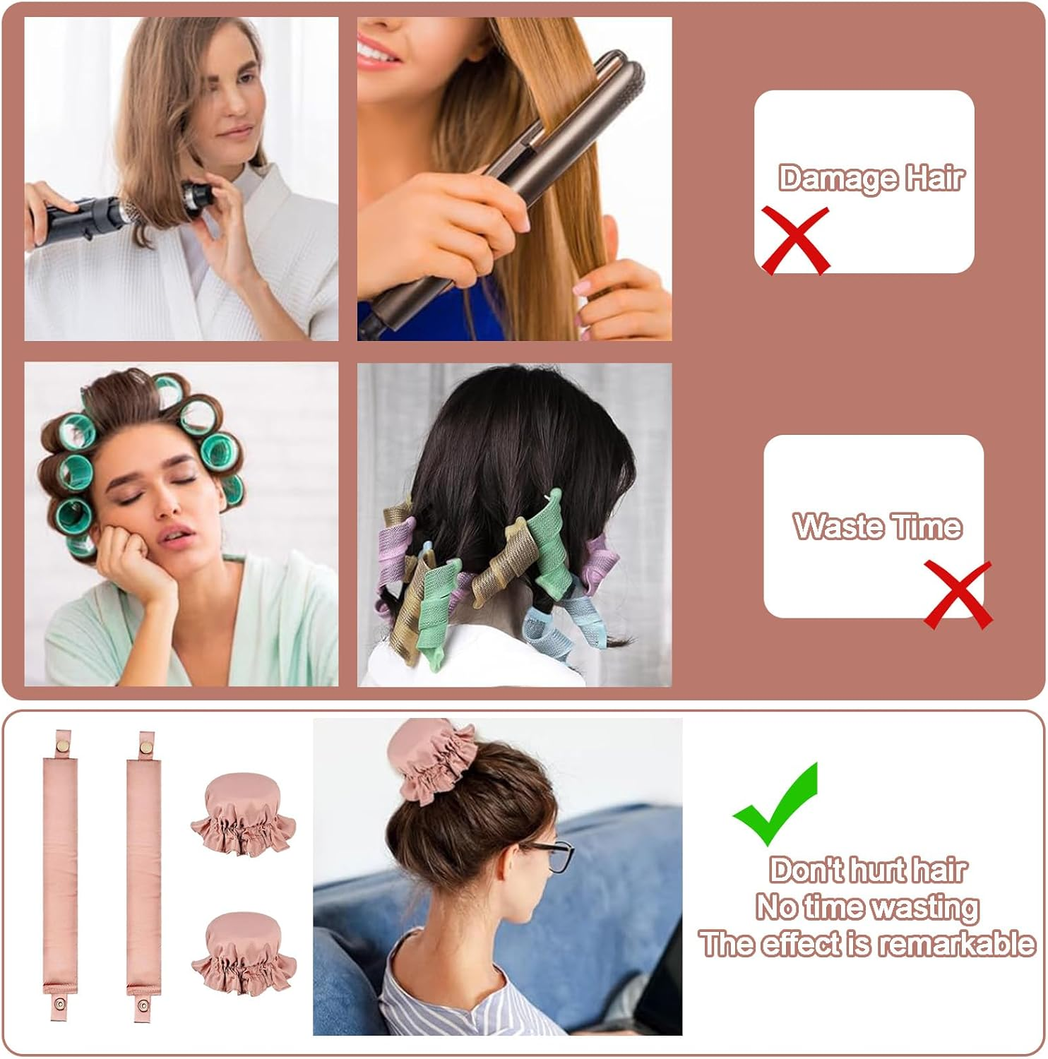 Overnight Hair Rollers, Set of 2, Heatless Curls Set, Non-Slip Sleeping Curling Band Overnight, Heatless Silk Hood Curlers for Short, Medium, Long Hair Girls Overnight Curls (Pink) image number 3
