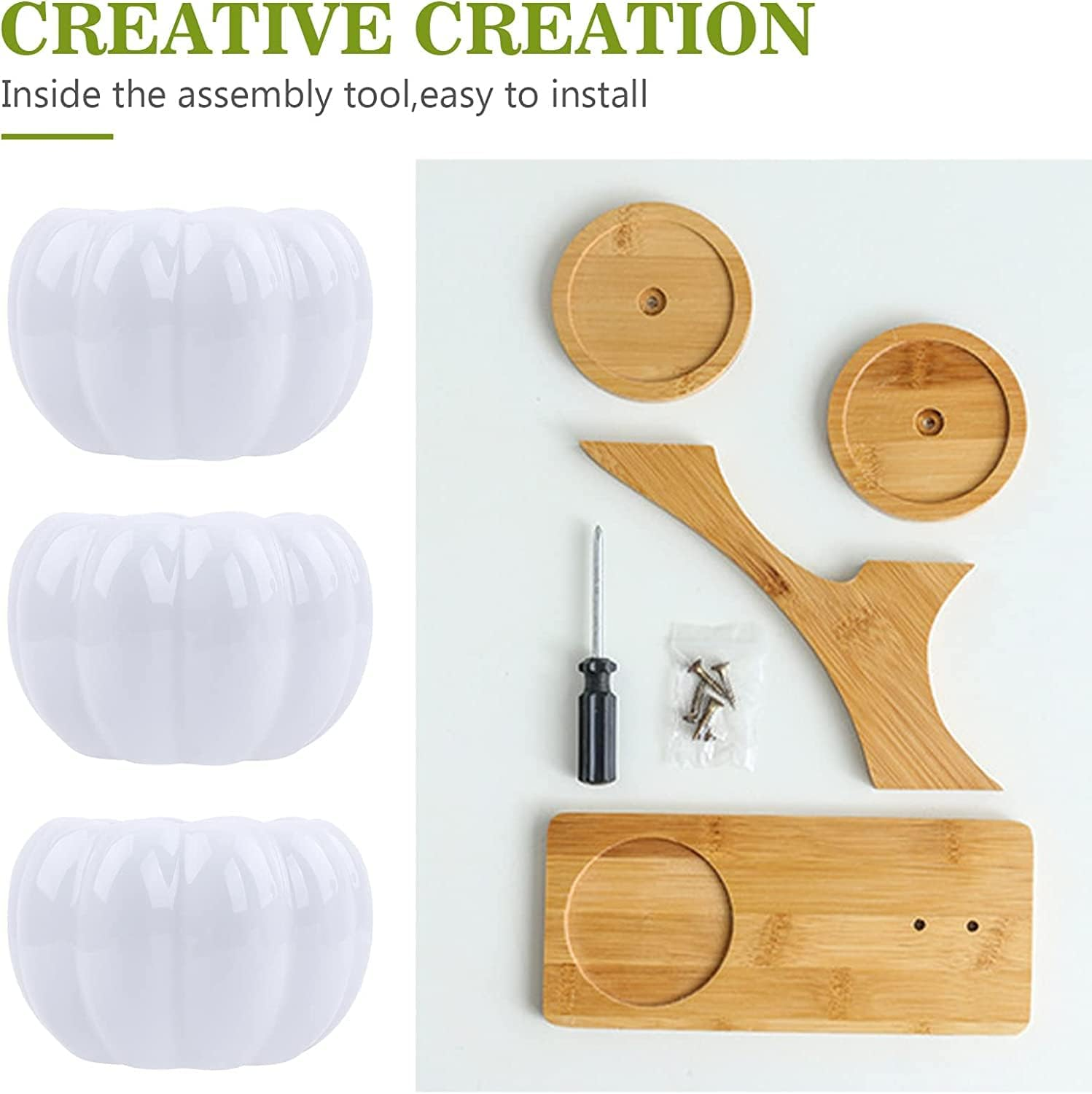 3Pcs Pumpkin Succulent Pots Bamboo Wood Shelf Flower Pot Stand Holder, Modern Minimalist White Ceramic Succulent Planter Pot for Office, Desk, House Balcony（Flower Pot Not Included） image number 5