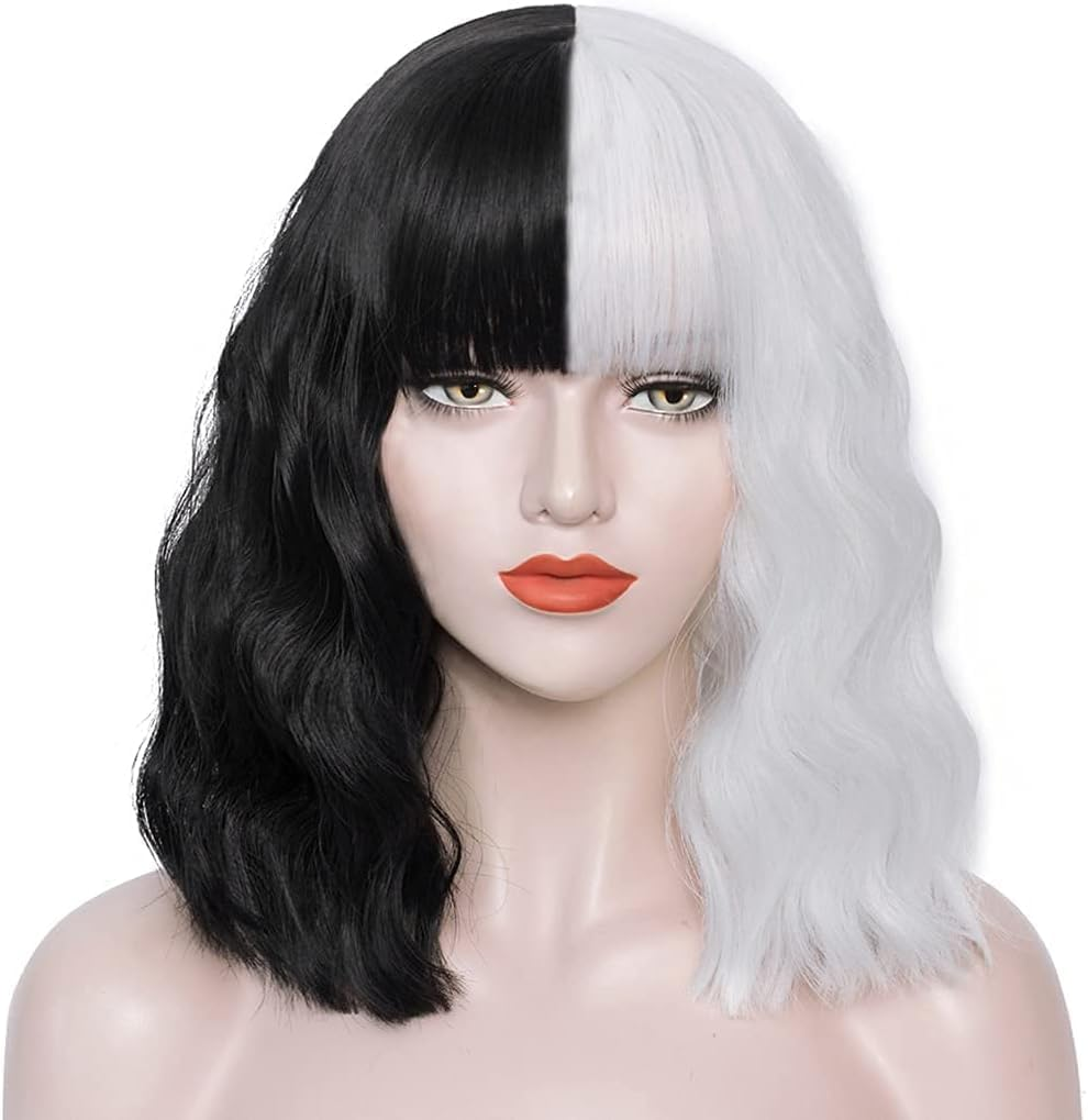 Black Short Bob Wig,Black White Wig Short Curly Half Black White Wigs with Bangs for Women Natural Looking for Party Halloween Costume Cosplay Party Daily Use (Black White, One Size) image number 4