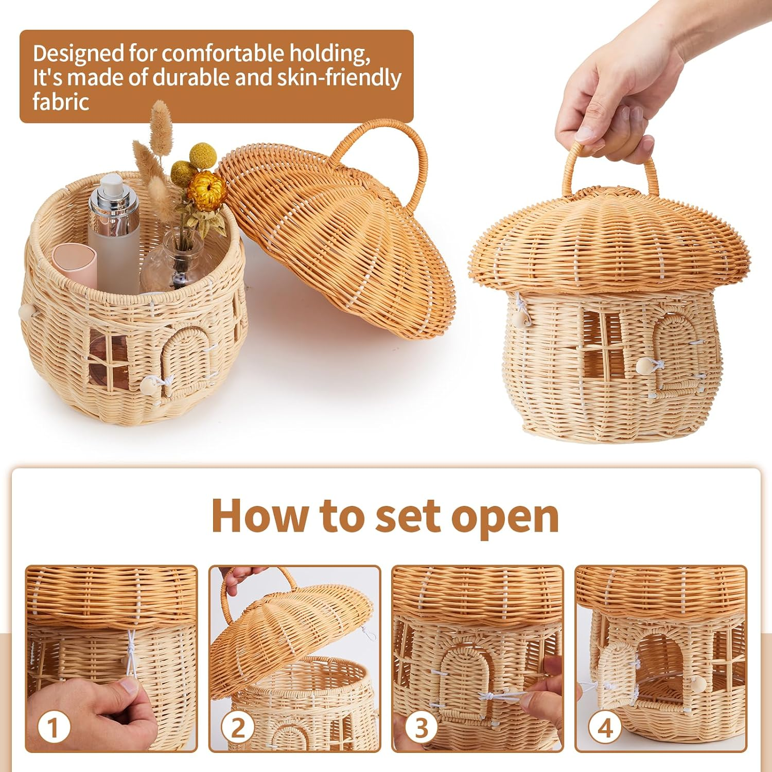 Handmade Wicker Mushroom-Shaped Storage Basket for Outdoor, Kids, Decor, Photography Props image number 4