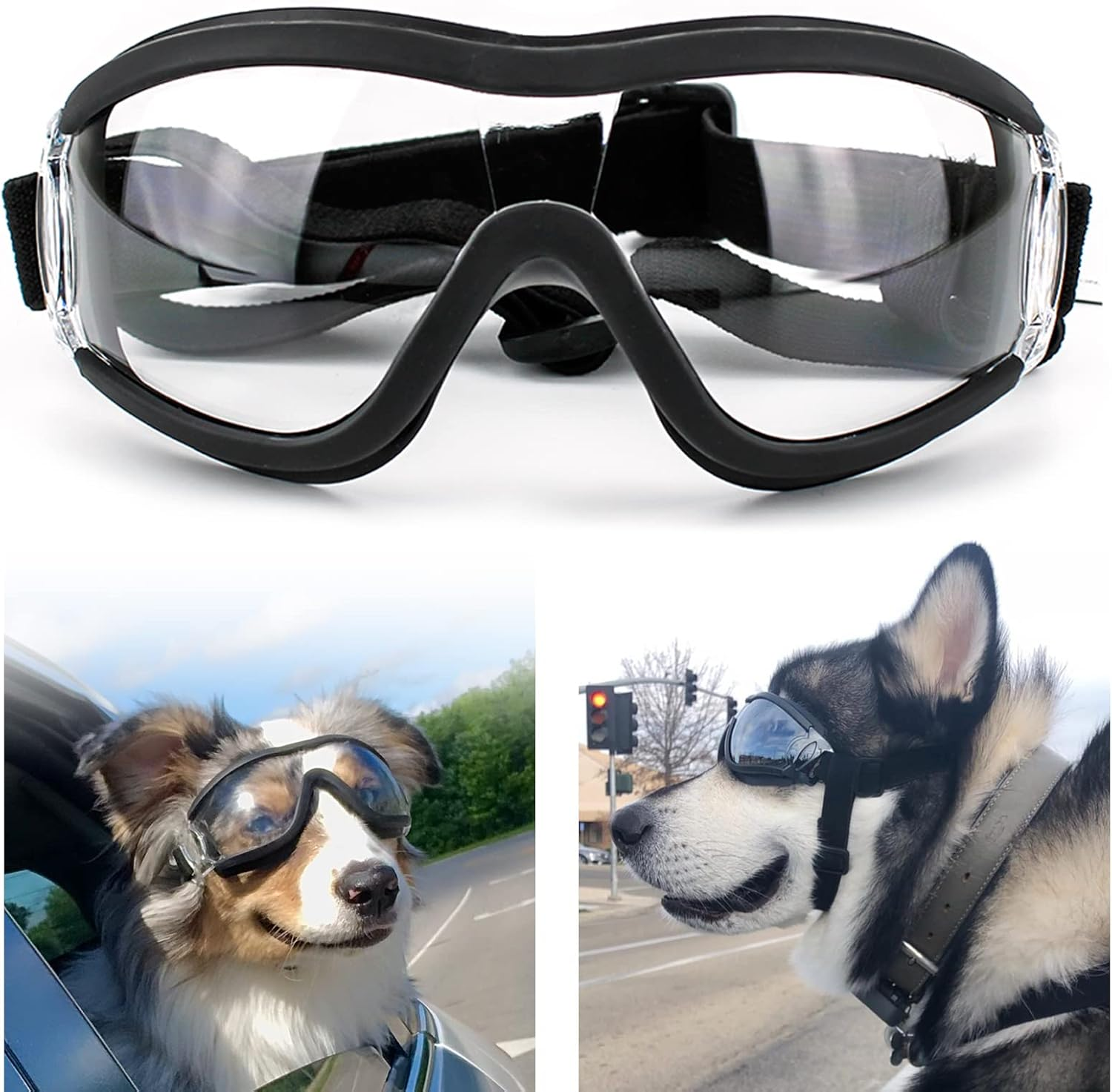 PEDOMUS Dog Sunglasses Adjustable Strap for Travel, Skiing and Anti-Fog Snow Goggles for Medium to Large Dogs - White image number 2