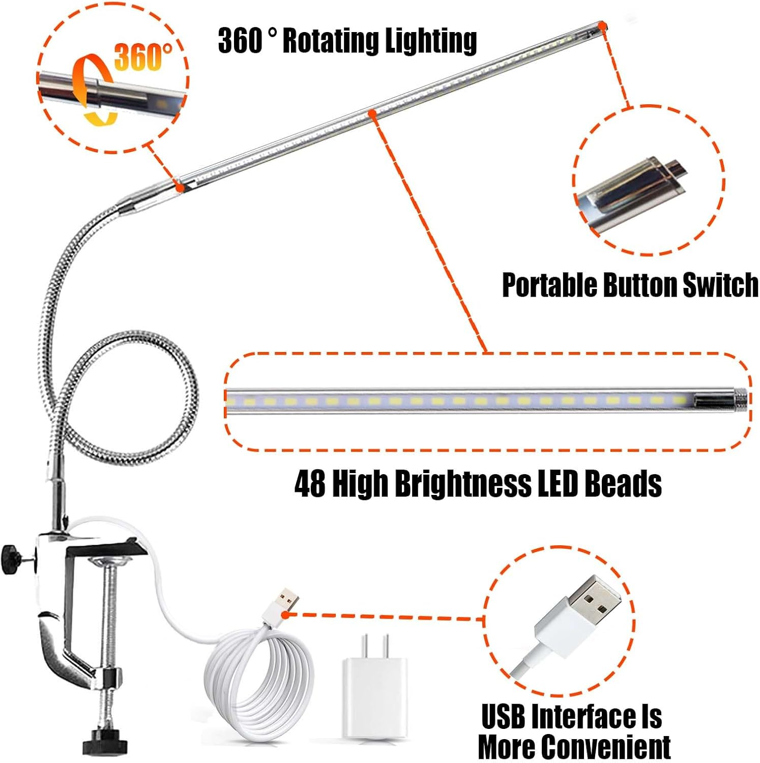 Desk Light with Clamp, USB LED 8W Clip Nail Desk Lamp Eye Care Flexible Gooseneck 360&deg; Clamp Light for Manicure Reading Eyebrow Office Tattoo