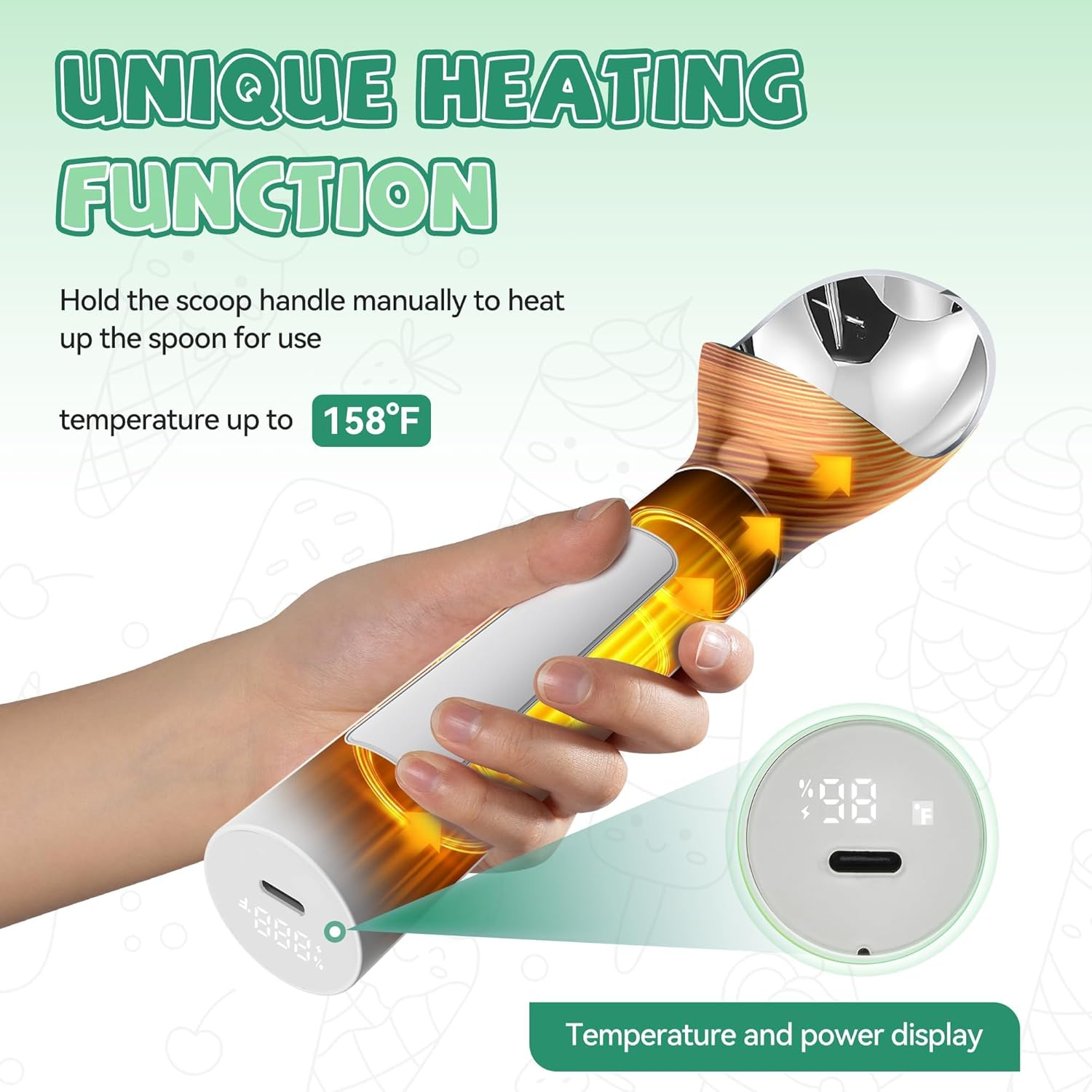 Heated Ice Cream Scoop &ndash; Electric Scooper for Hard Ice Cream and Desserts, Handheld Heating up to 158&deg;F, Rechargeable with LED Display, Easy to Clean, Ideal Summer Gift (White) image number 4