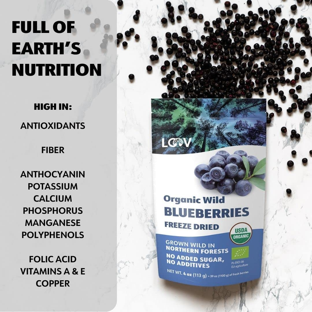 LOOV Wild Organic Dried Blueberries, No Added Sugar, No Added Oil, 4 Ounces, Freeze Dried Blueberries Organic from Nordic Forests, 100% Whole Fruit Wild Blueberries, Non-Gmo, Unsweetened Dried Fruit image number 1