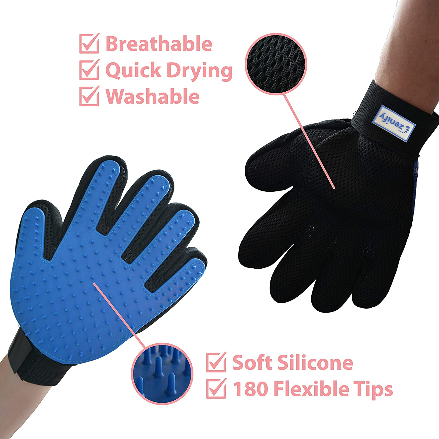 Zenify Pet Hair Remover Dog Grooming Glove Cat Brush Fur Removal Groomer Supplies for Short Haired Cats Puppy Dogs Horses Rabbits Massager Silicon Deshedding Mitt Efficient Gift (Blue 2 Pack) - Blue 2 Pack image number 6