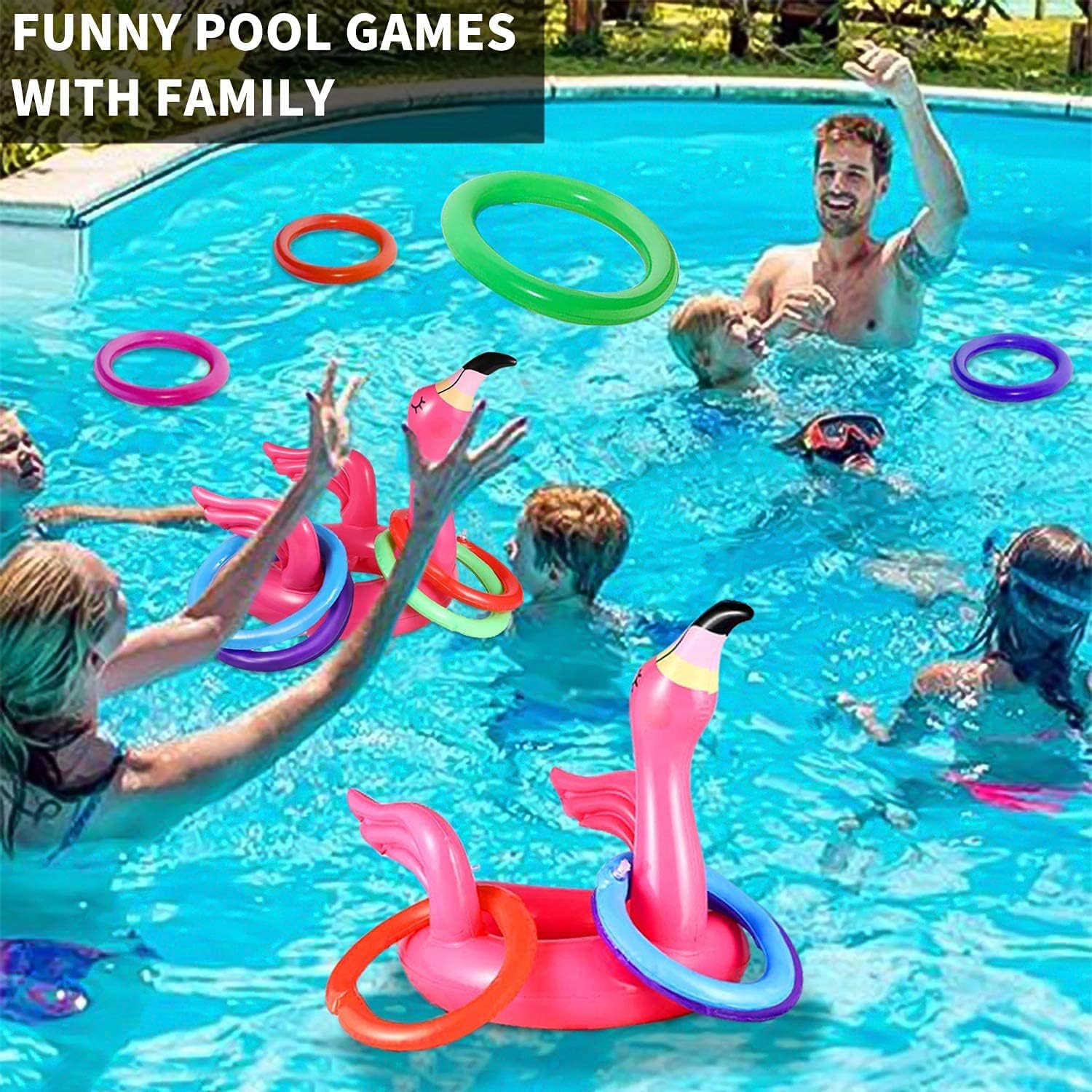 Camlinbo 3 Pack Flamingo Ring Toss Pool Game Toys, Inflatable Pool Toys Hawaiian Luau Beach Party Supplies Carnival Outdoor Summer Pool Party Games for Kids Adults Family (3 Flamingo,12 Rings) image number 2