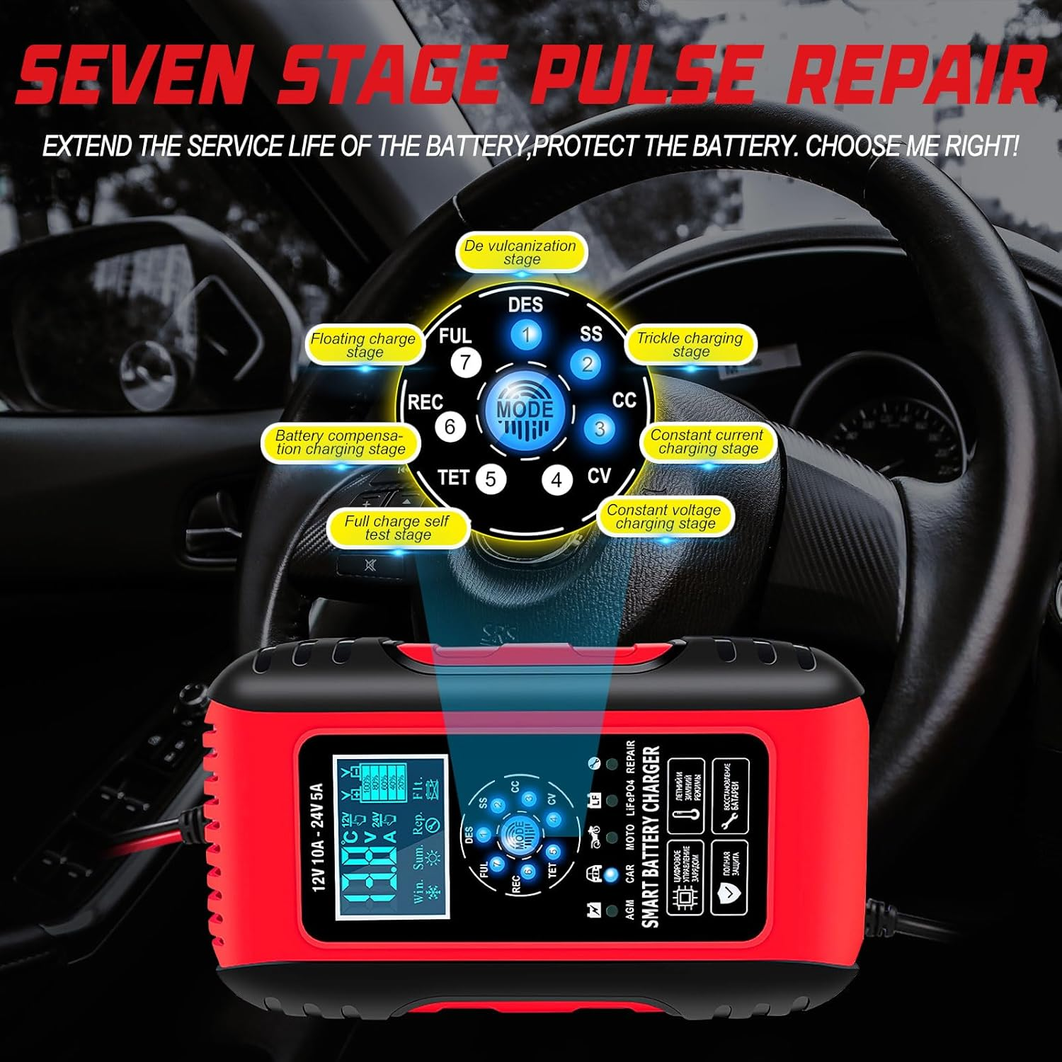 Car Battery Charger, 10A Lifepo4 Lead Acid Car Battery Charger, Upgraded Automobile Trickle Charger 12/24V, 12V Battery Charger Trickle Charger for Car Truck Motorcycle Lawn Mower Boat Marine