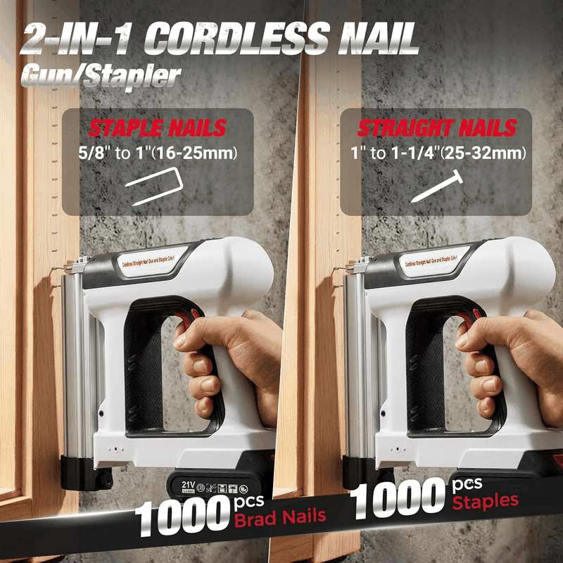 Advwin Brad Nail Gun, 2 in 1 Electric Nailer/Staple Gun, 18 Gauge Cordless Brad Nailer with 1000Pcs Straight Nails/Staple, 2 Nailing Modes, for Woodworking, Material Repair, DIY, Home Improvement
