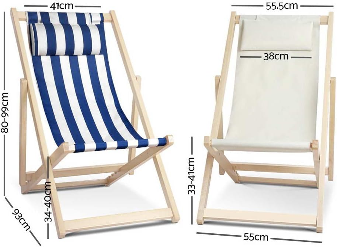 Gardeon Camping Beach Chair Wooden Folding Sun Lounge Deck Chairs Lounger, Outdoor Furniture Armchairs Garden Patio Pool Backyard Camp Picnic, with Pillow Oxford Fabric Beige image number 4