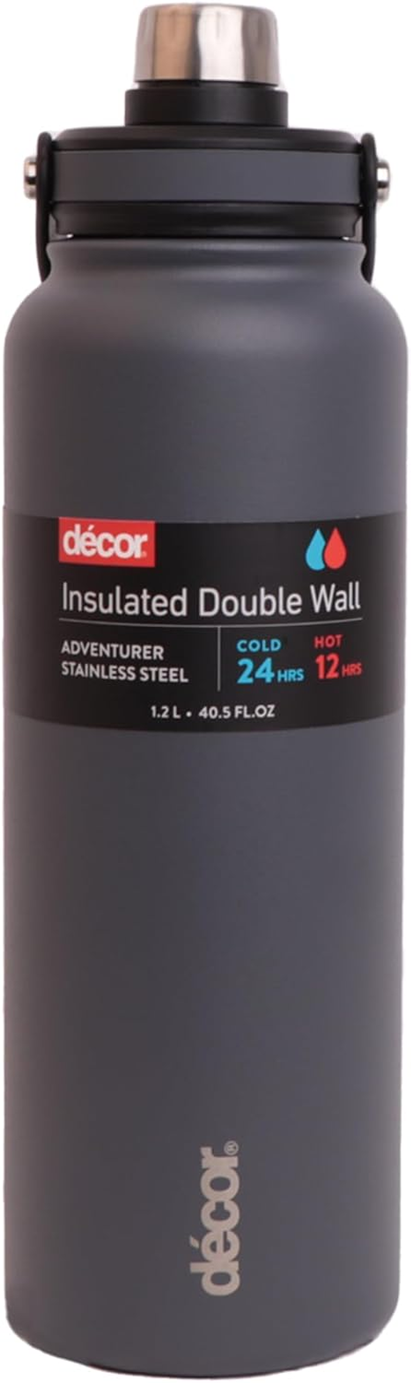 D&eacute;cor Flip Active Stainless Steel Water Bottle | Insulated Double Wall Bottle | 1.1L - Black