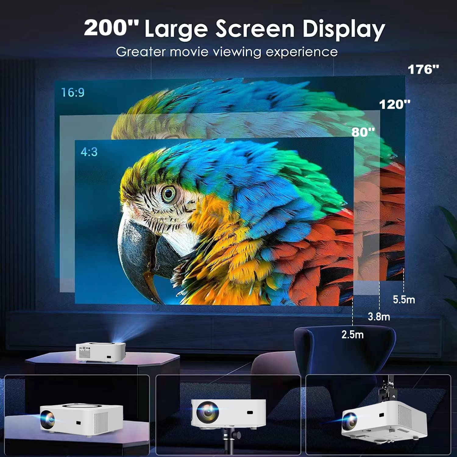 Native 1080P Wireless Wifi Bluetooth Video 350 ASNI Lumens Android Projector Support 4K Resolution Movies for TV Computer Laptop Smartphones for Home Theater Cinema Office image number 2