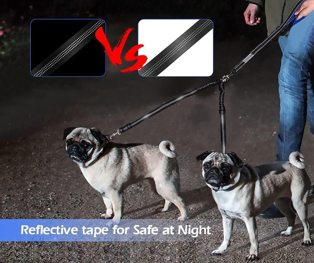 Double Dog Lead Coupler, No Tangle 360&deg;Swivel Rotation Two 2 Dog Lead Splitter, Heavy Duty Adjustable Bungee Reflective Dual Dog Leash for Walking Medium Large Dog (Black-Small) image number 4