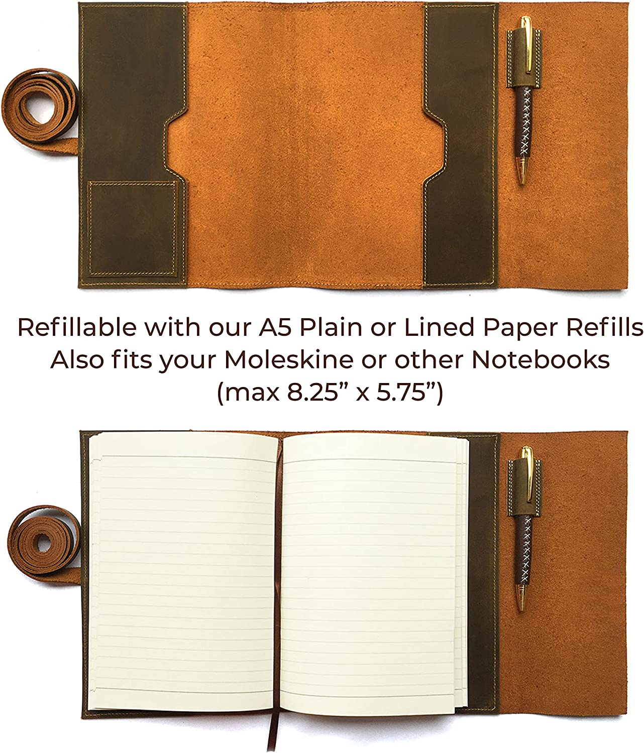 Refillable Leather Journal Gift Set | Vintage Handmade Leather Bound Notebook for Men & Women | 8.8" X 6.5" A5 Writing Leather Notebook Cover - Sketchbook, Diary to Write in | Plain Paper Pack + Pen
