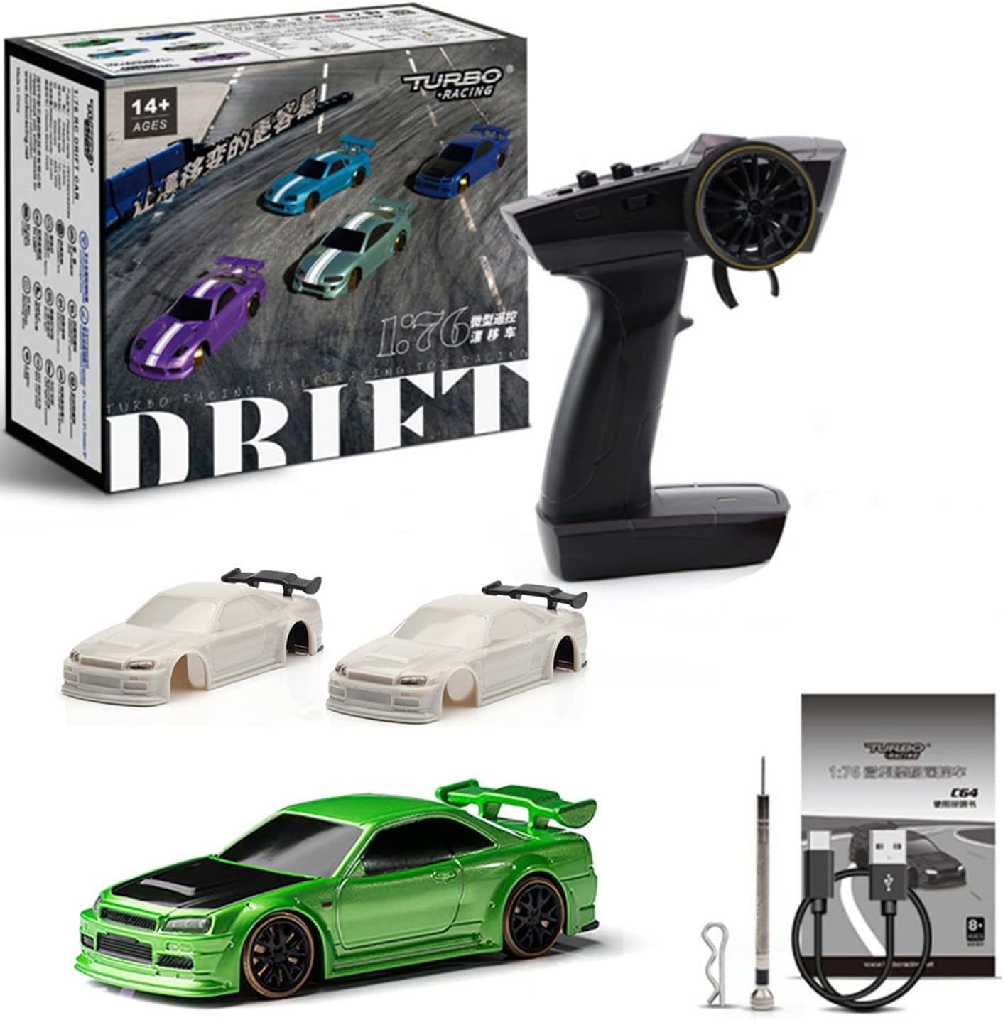 Turbo Racing 1:76 Mini Drift RC Car, C64, with Gyroscope, 1/76 Full Scale RTR, 2.4GHZ RC Car, with 2 Replaceable Body Shells (Green) image number 3