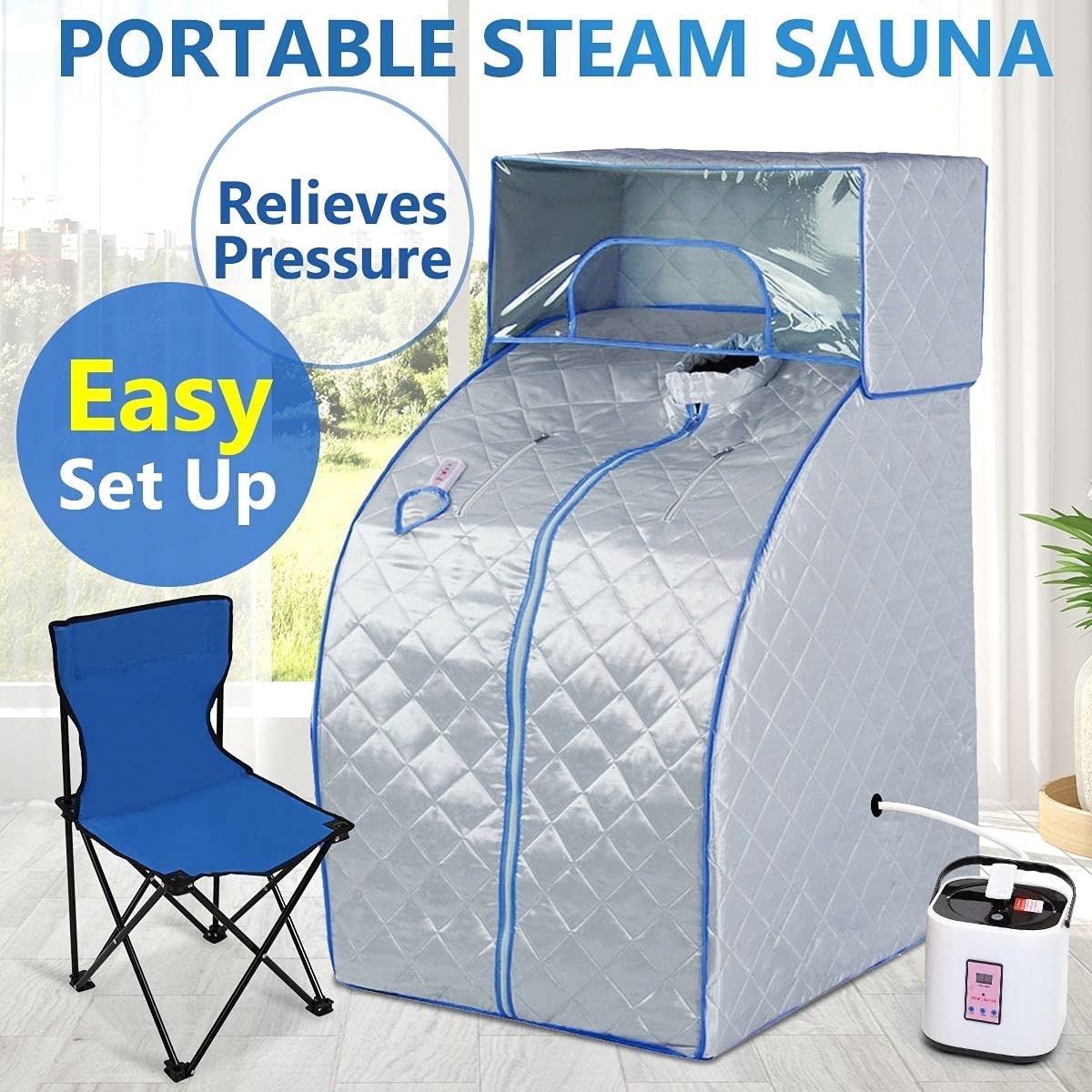 Portable Steam Sauna Box with Head Cover, Portable Sauna for Home with Folding Chair and Mat, Personal Steam Sauna Tent for Home Spa