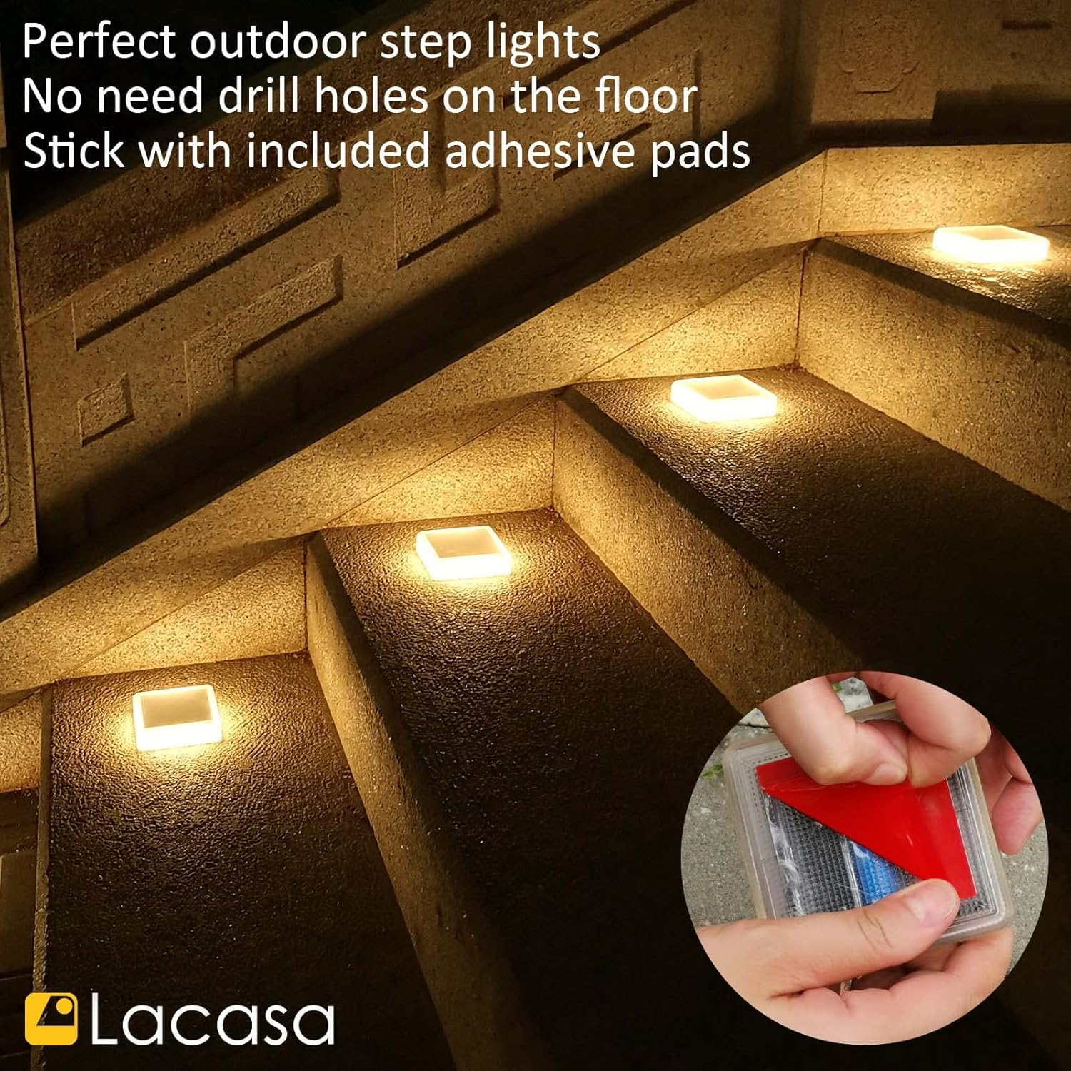 Lacasa 4-Pack Solar Deck Lights Outdoor Waterproof LED, Garden Step Lights Solar Powered Driveway Dock Lights Marine, Dusk to Dawn Lighting for Yard Patio Pathway, Square, Warm White image number 3