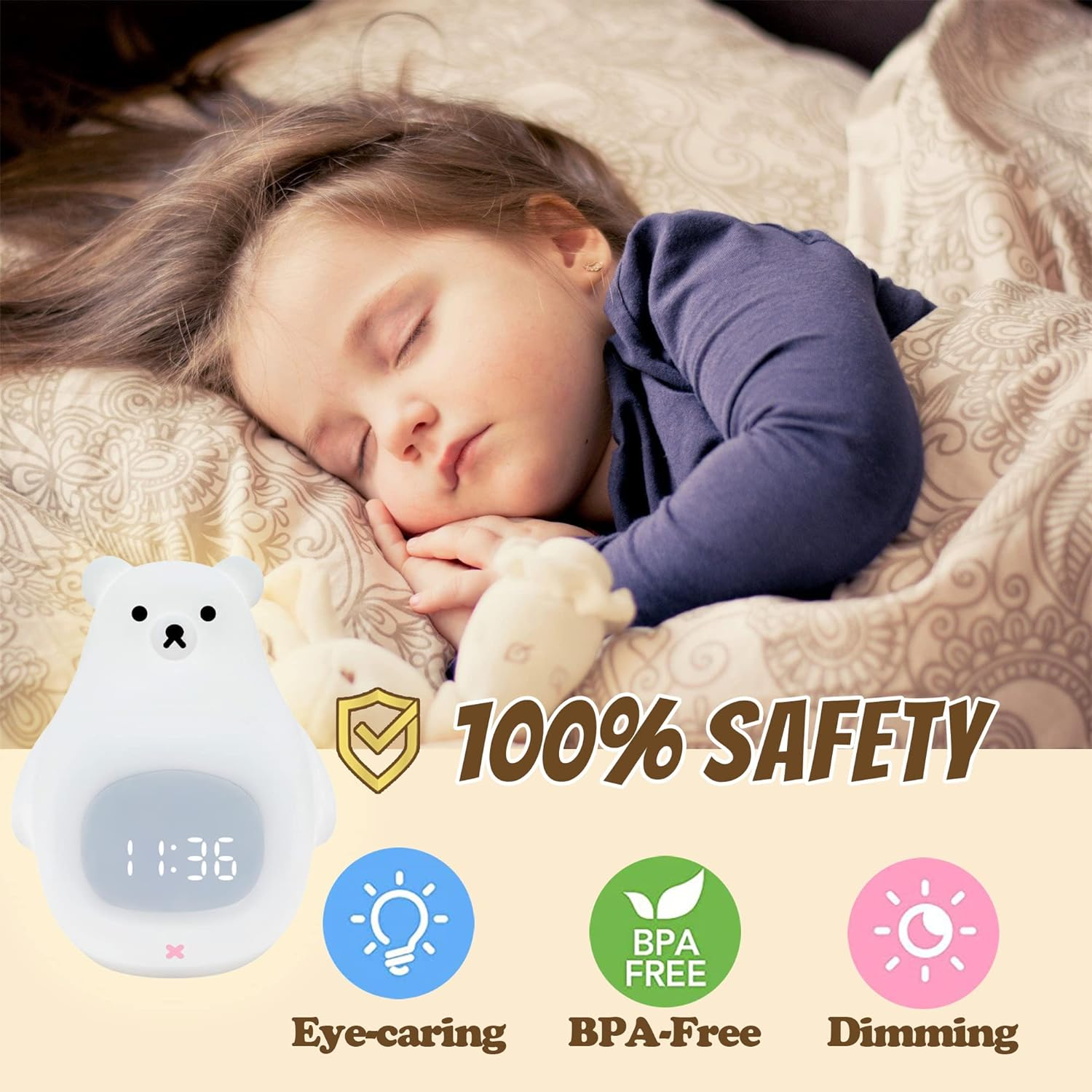 Bear Night Light, Cute Kids Alarm Clock, Soft Bpa-Free Silicone Portable Nursery Lamp, Children USB Rechargeable Nightlight for Girls Boys Toddler Birthday Gifts Bedroom Room Decor