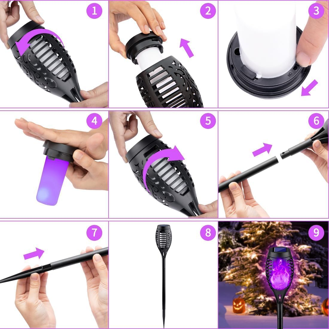 Outdoor Halloween Decorations, 8Pack Solar Lights with Purple Flame for Decor, Waterproof Outdoor, Pathway outside Yard Decorations Lawn image number 1