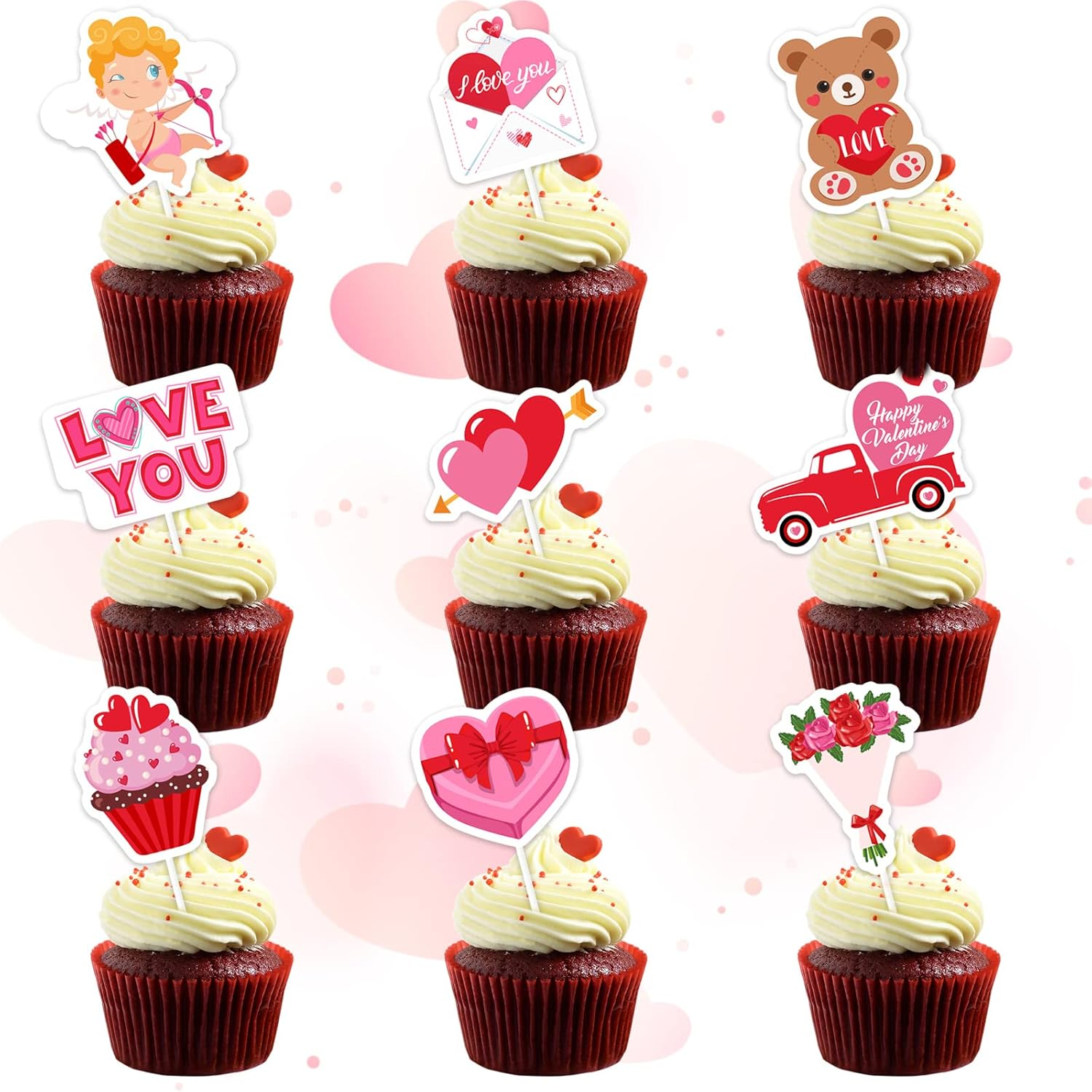 Whaline 72Pcs Valentine'S Day Cupcake Toppers 9 Designs Heart Bear Cupid Cake Toppers Cute Party Cupcake Toppers with Sticks and Glue Point for Valentine'S Day Birthday Anniversary Party Supplies image number 6