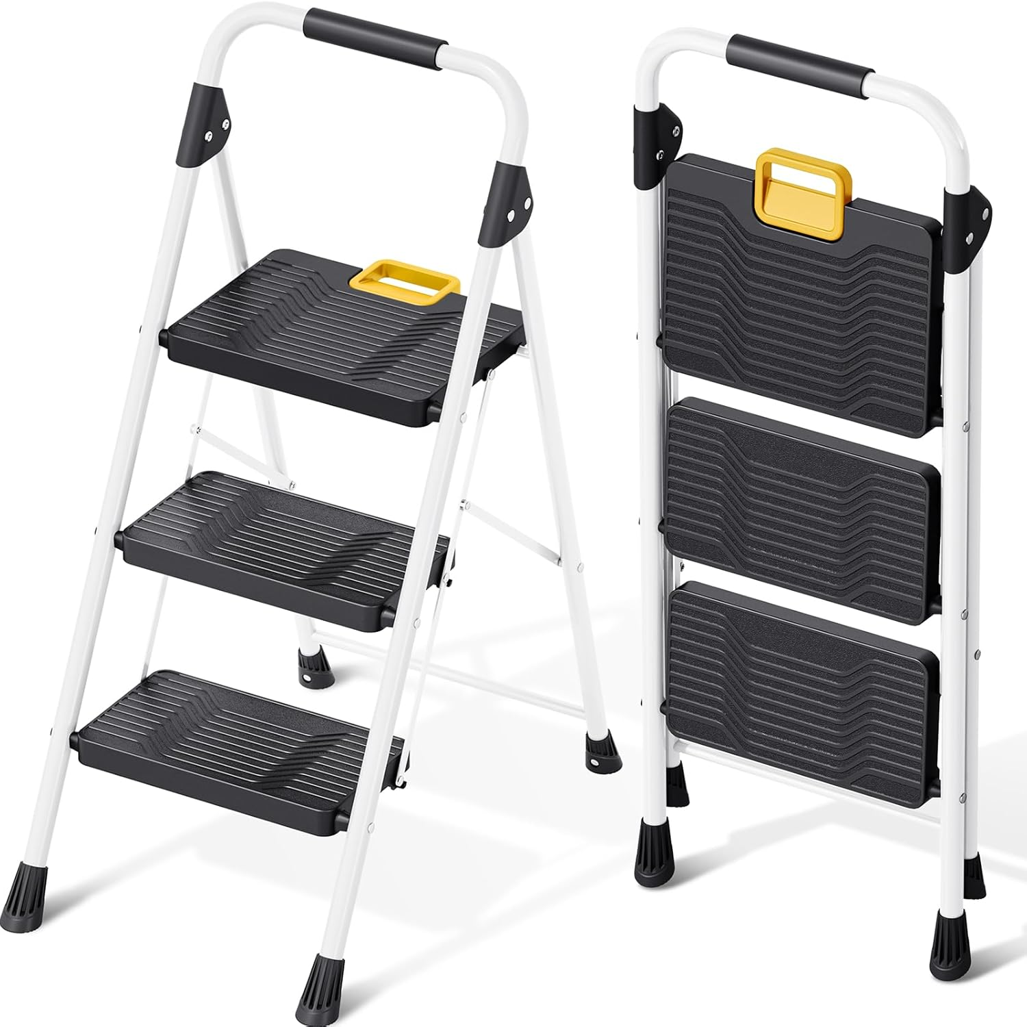 KINGRACK 3 Step Ladder, Sturdy Steel Folding Step Stool with Safe-Lock Design, Handrail, Anti-Slip Wide Pedals, Pass 150 KG Load Testing, Portable Stepladder for Multi-Purpose, Home, Kitchen, White image number 4