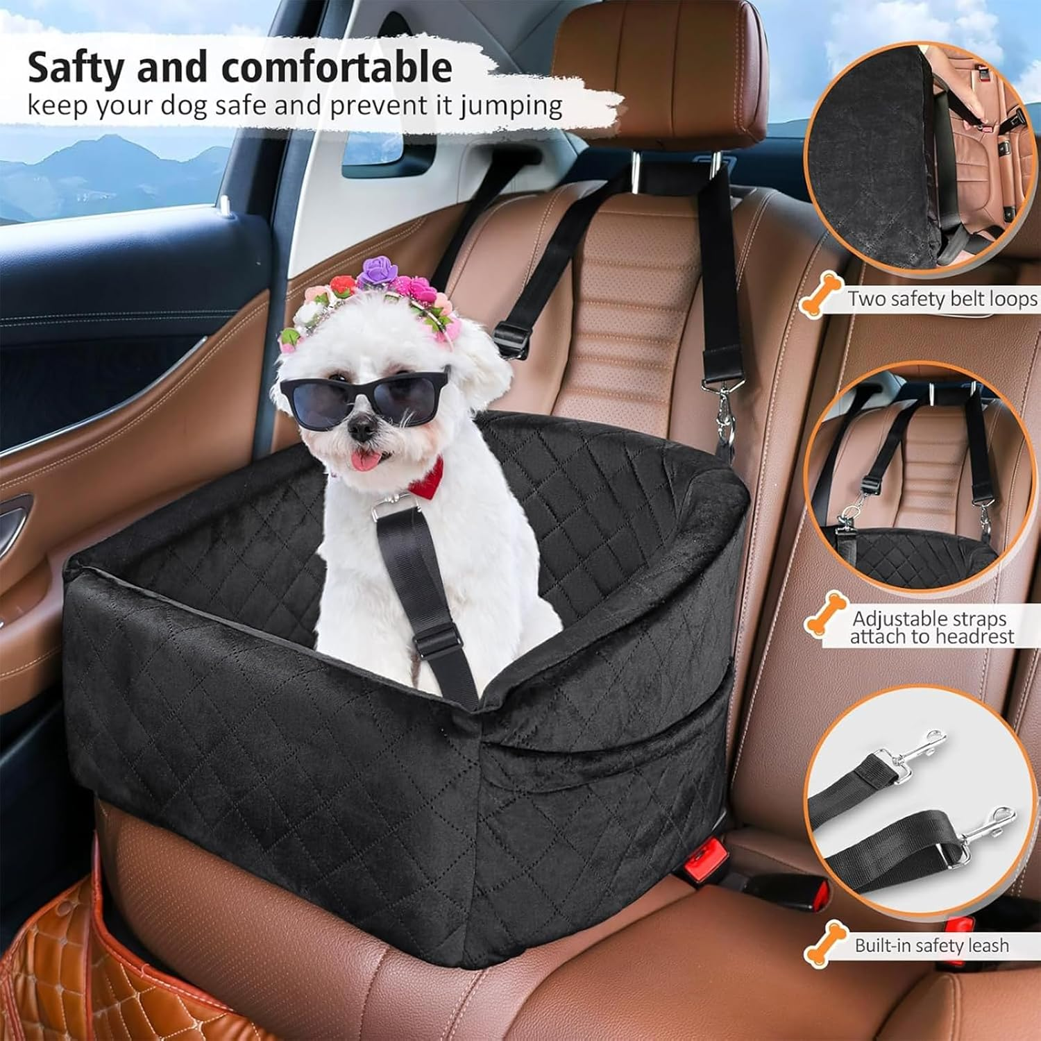 Dog Car Seat for Small Dogs, Portable Dog Car Seat with Storage Pockets, Durable Oxford Fabric Puppy Car Seat Organizer, Easy Install for Cars, Suvs,Black image number 3