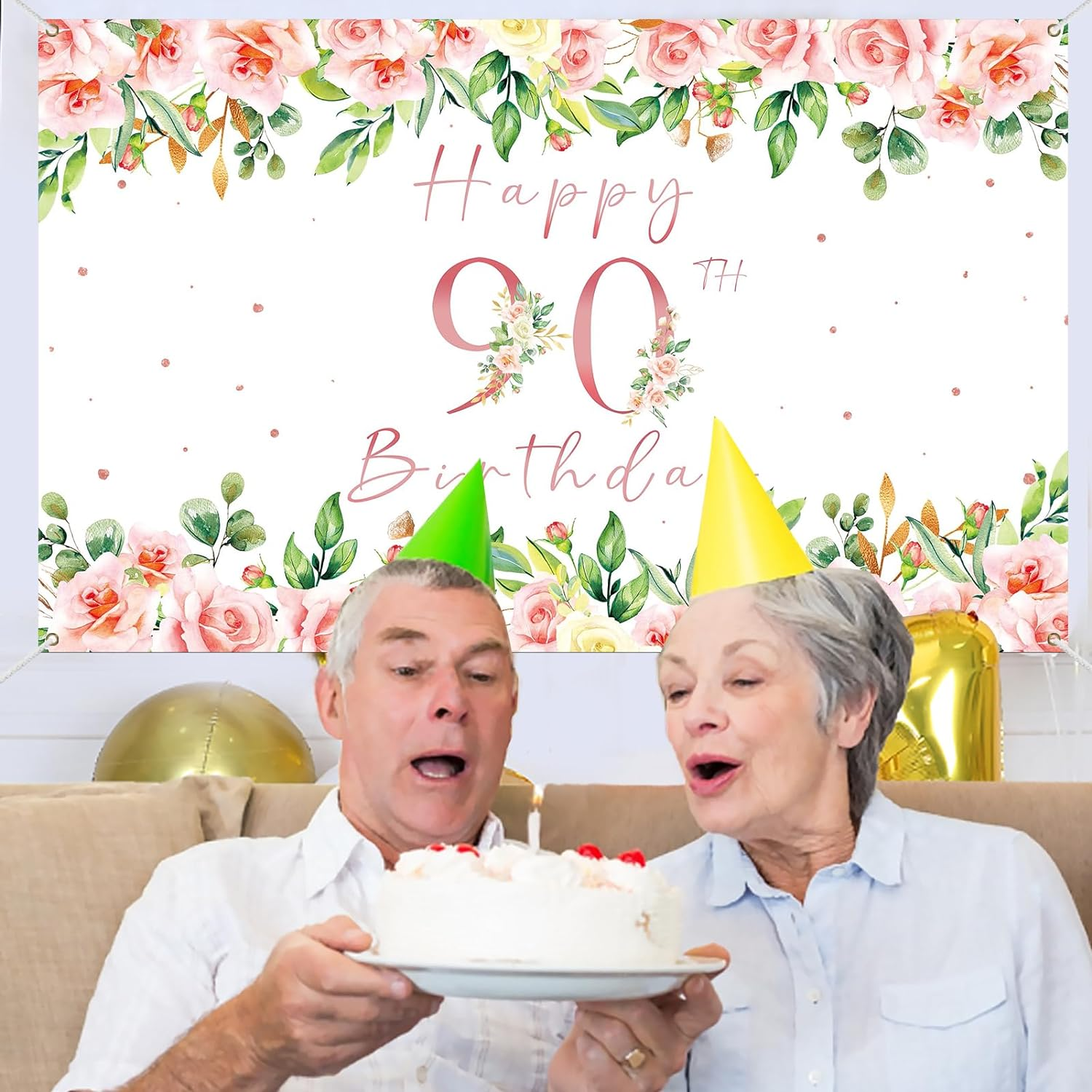 Crenics 90Th Birthday Decorations for Women, Rose Gold Floral Happy 90Th Birthday Banner Backdrop for Female 90 Birthday Party Supplies, 5.9 X 3.6 Ft image number 5