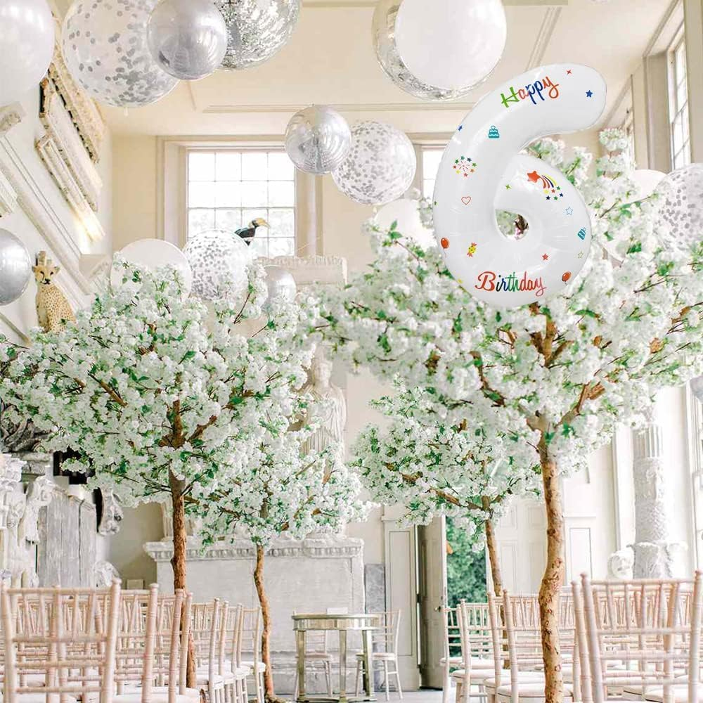 32 Inch Foil Big Number 6 with Happy Birthday, Large White Digital Balloons 0-9 for Kids Party Birthday and Baby Shower (White, 6) image number 1