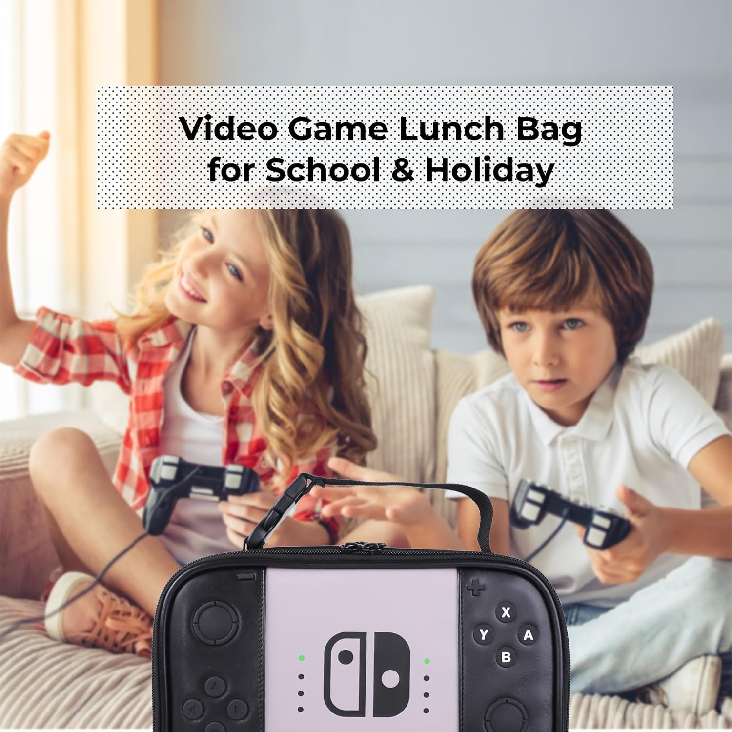 ONTESY Boys Lunch Bag Switch Game Lunch Cooler Thermal Insulated Food Container Waterproof Leather Mini Lunch Pail for Boys Girls Kids Toddlers Teens Men Women for School Pinic (Black) image number 1