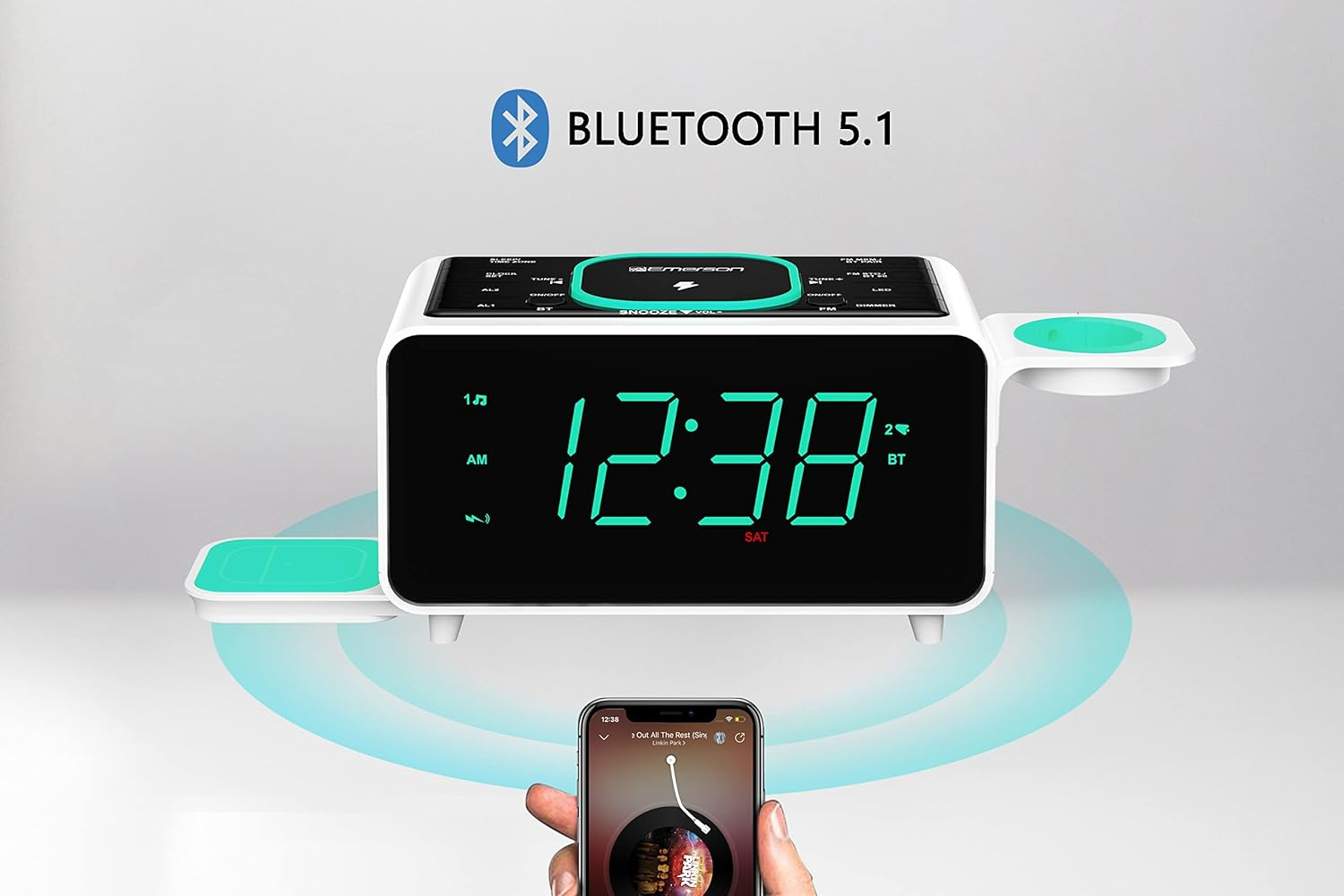 Emerson Radio Smartset Alarm Clock AM/FM Radio with Wireless Charging, Bluetooth Speaker, Fast Charging for Airpods/Iphone, Foldable Stand, USB Charger, Adjustable LED Glow, ER100501, Black/Neon image number 5