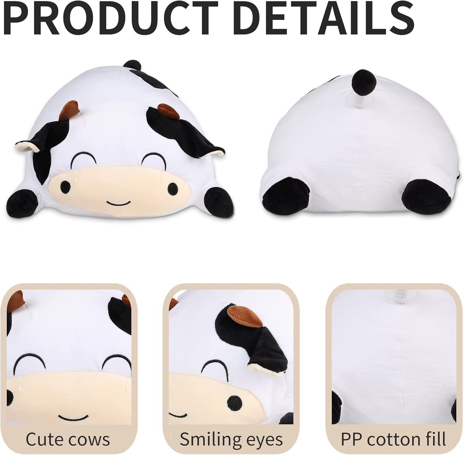 Cow Stuffed Animals Plush Throw Pillow, 13.7" Cute Super Soft Plushies Body Pillow, Kawaii Squishy Cow Plush Toy for Kids Children Xmas Birthday Gifts (Smiling Eyes) image number 2