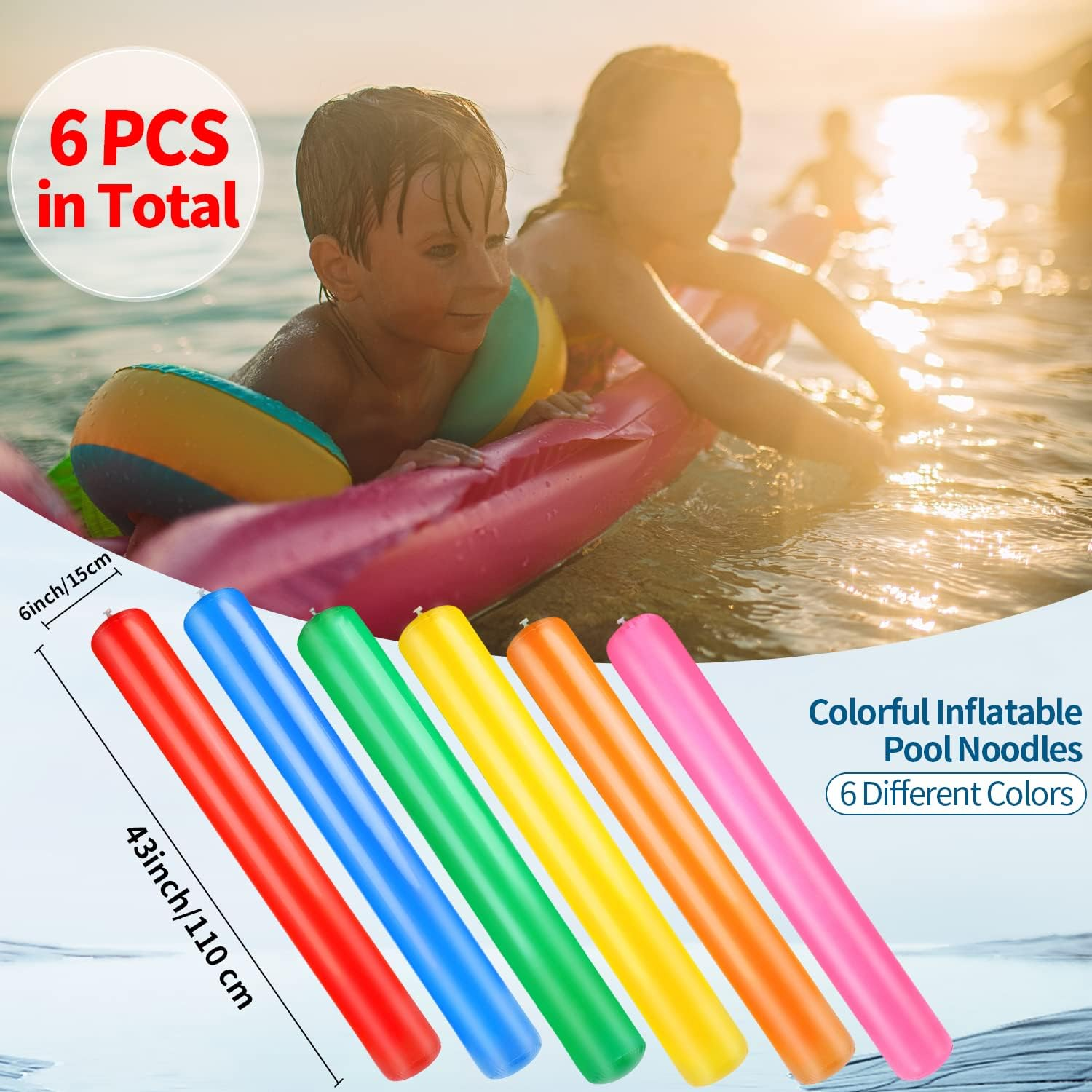KIMOBER 6PCS Inflatable Pool Sticks,Colorful 41.3 Inch Giant Blow up Pool Swimming Noodles Water Float for Swimming Pool Beaches Lake Party Decor image number 6
