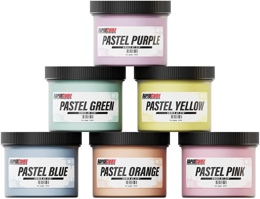 Screen Printing Ink Set - Rapid Cure&reg; Pastel 6 Color Plastisol Ink for Screen Printing Fabric - Low Temperature Curing 8 Oz. Plastisol Ink by Screen Print Direct&reg;- Inks for Silk Screens and Mesh