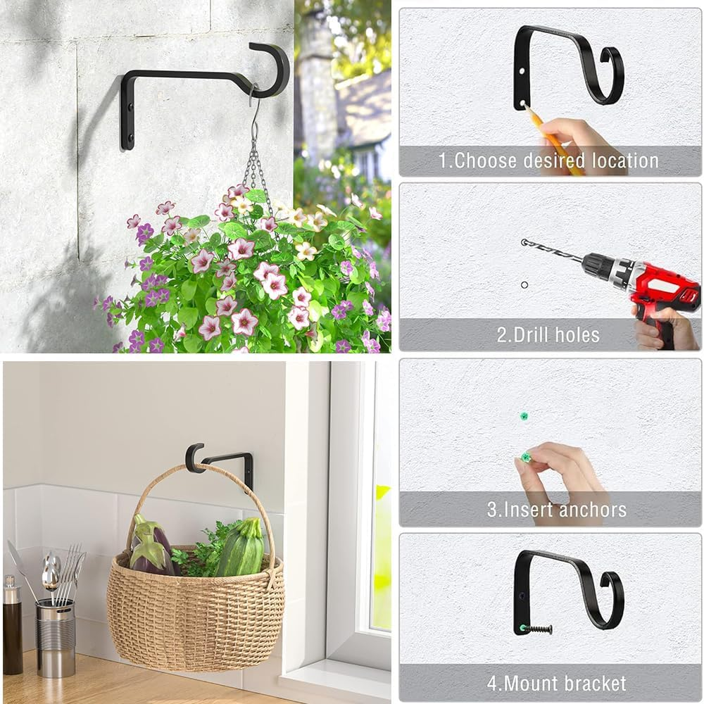 2Pcs Metal Plant Hooks, Iron Ceiling Hooks Hanging Basket Bracket,Decorative Metal Wall Hook,Straight Plant Hanger Indoor&Outdoor for Planters, Lanterns, Bird Feeders, Wind Chimes(Black)