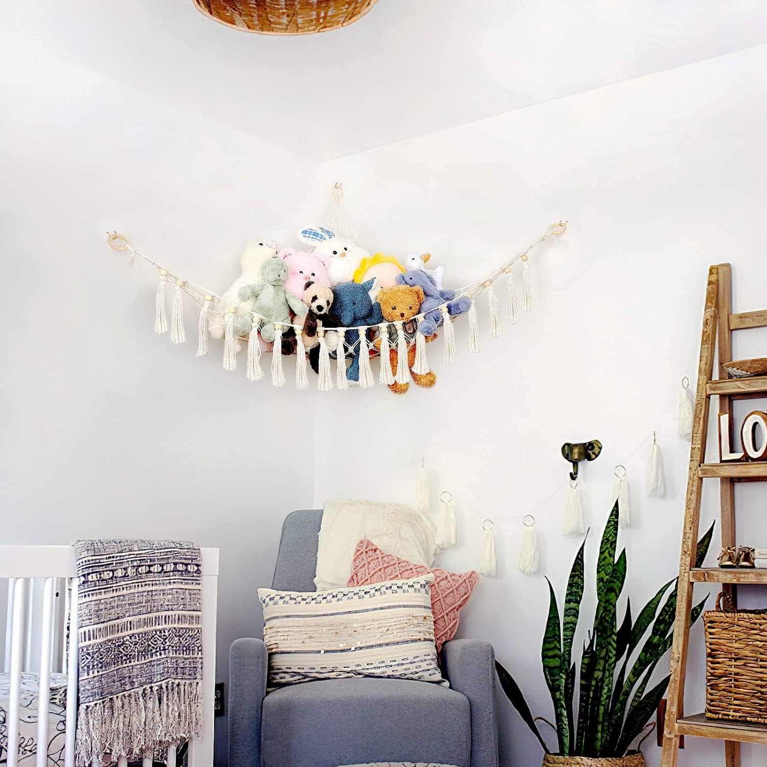 Stuffed Animal Toy Hammock Corner Organizer Display Rack - Bohemian Net Bag for Hanging Toys - 44 in Tassel Storage Rack image number 2