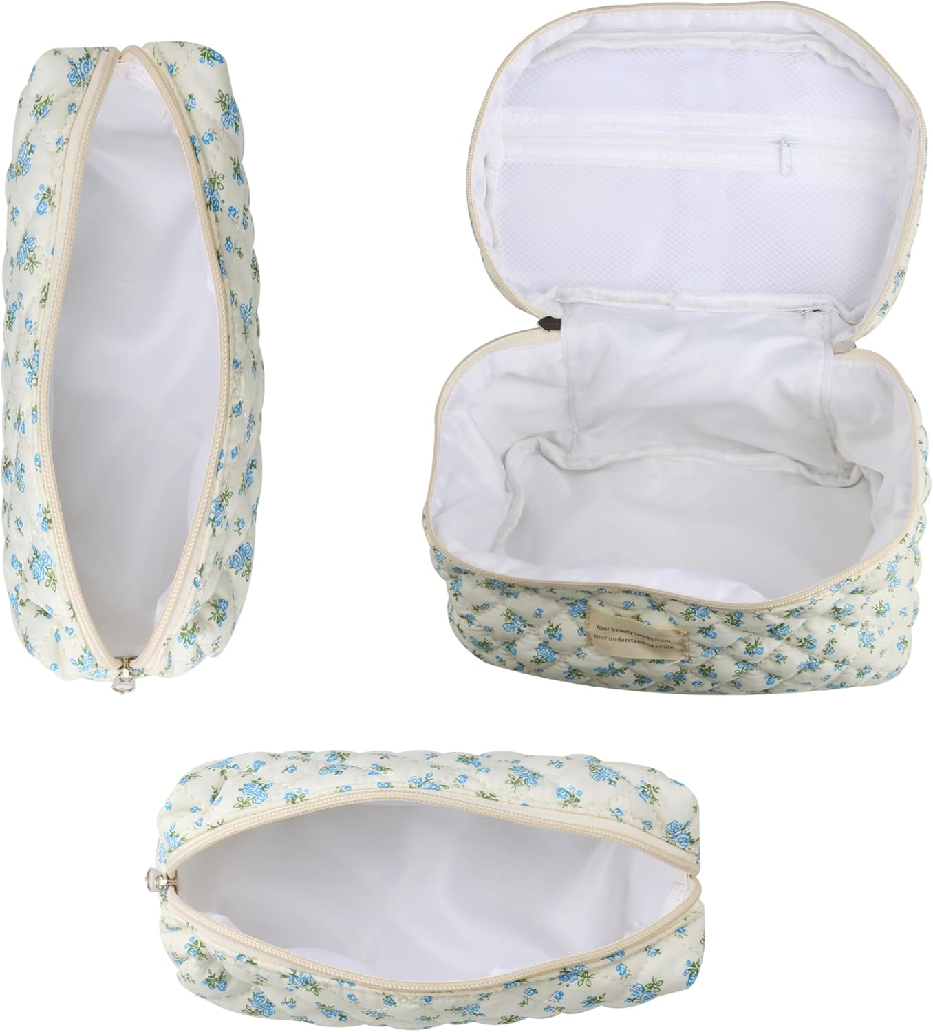 Cute Makeup Bag for Women(3 Pcs), Quilted Floral Coquette Aesthetic Make up Bags, Travel Cosmetic Bags Toiletry Organizer Bag, 12 - Blue Rose image number 3