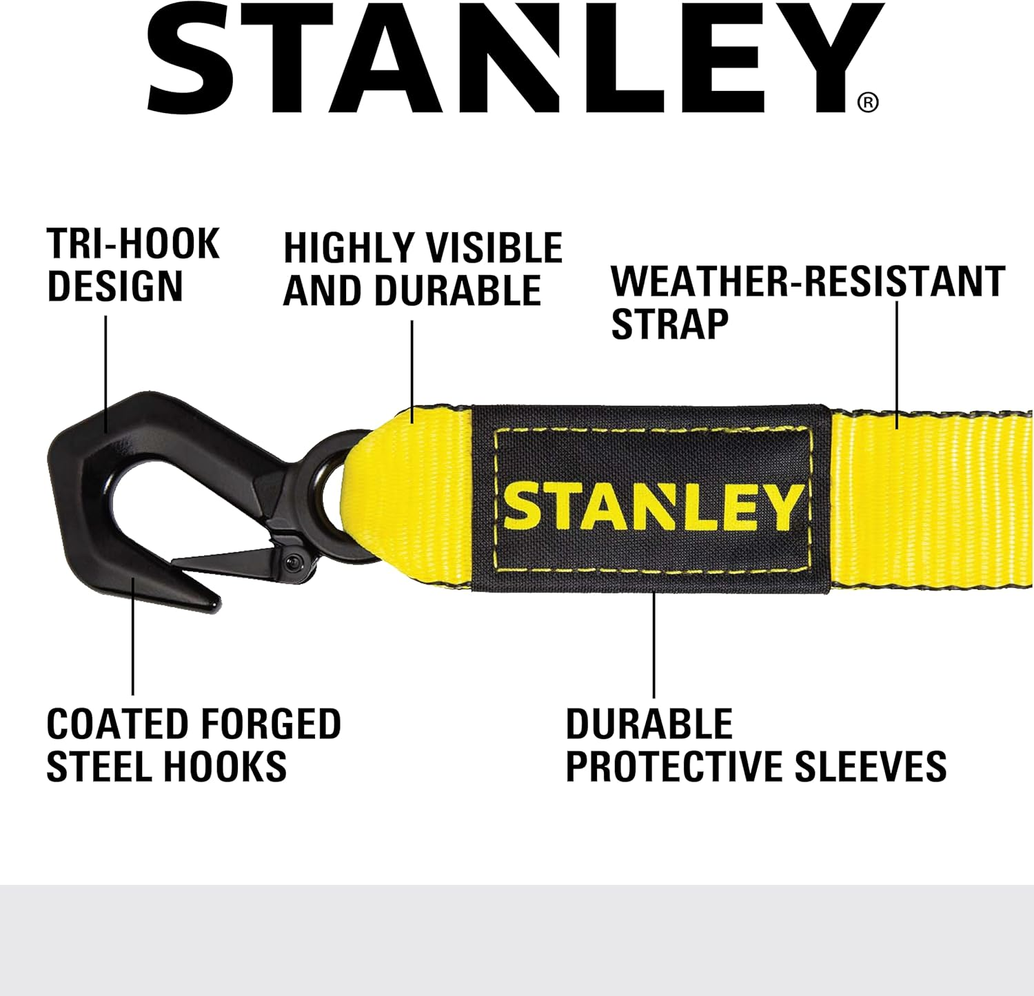 STANLEY &lrm;S1053 Black/Yellow 2" X 30' Heavy-Duty Tow Strap with Black Forged Steel Hooks - 3,000 Safe Working Load / 9,000 Lb Break Strength image number 3