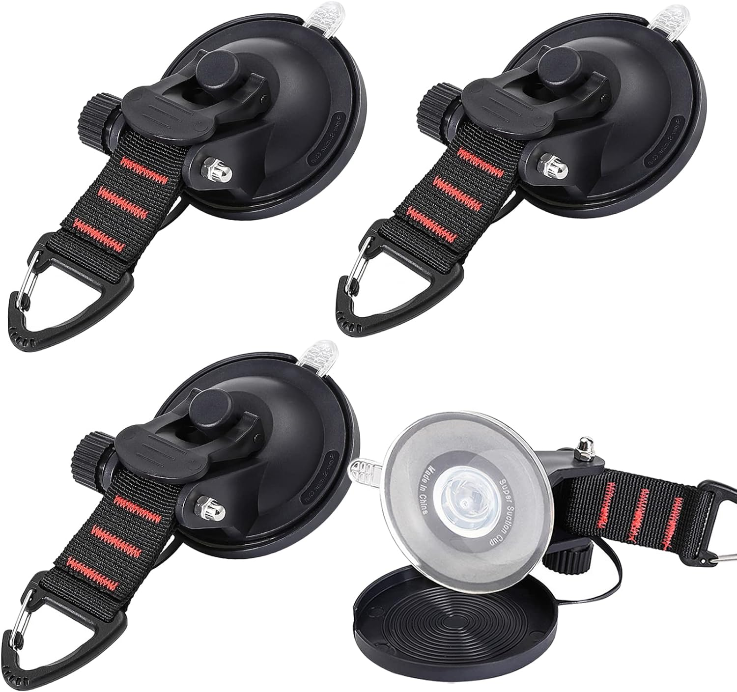 INMORVEN Heavy Duty Suction Cup Hooks，Camper Accessories 4 Pieces Car Camping Essentials with Rotatable Hooks Tie down with Viscous Silicone Strong Power for Car Awning Boat Accessory.(Red Line) image number 1