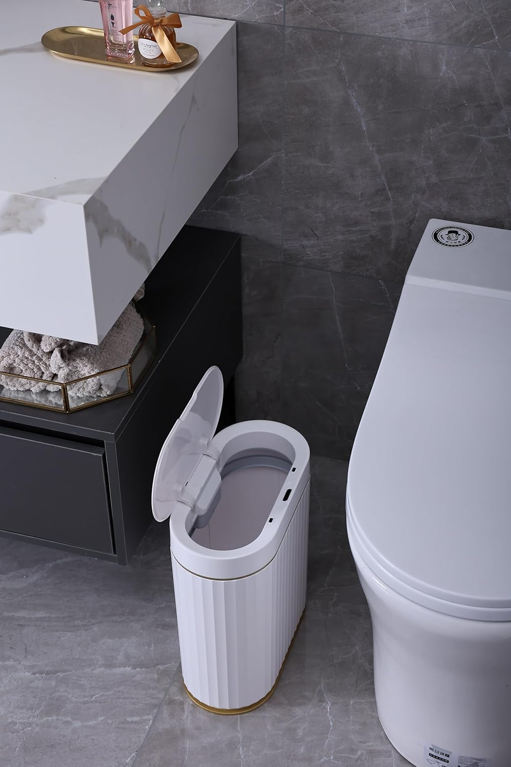 ELPHECO 2.5Gallons Sensor Bin with Lid Automatic Open Touchless Rubbish Bin for Bathroom Kitchen White and Gold image number 4
