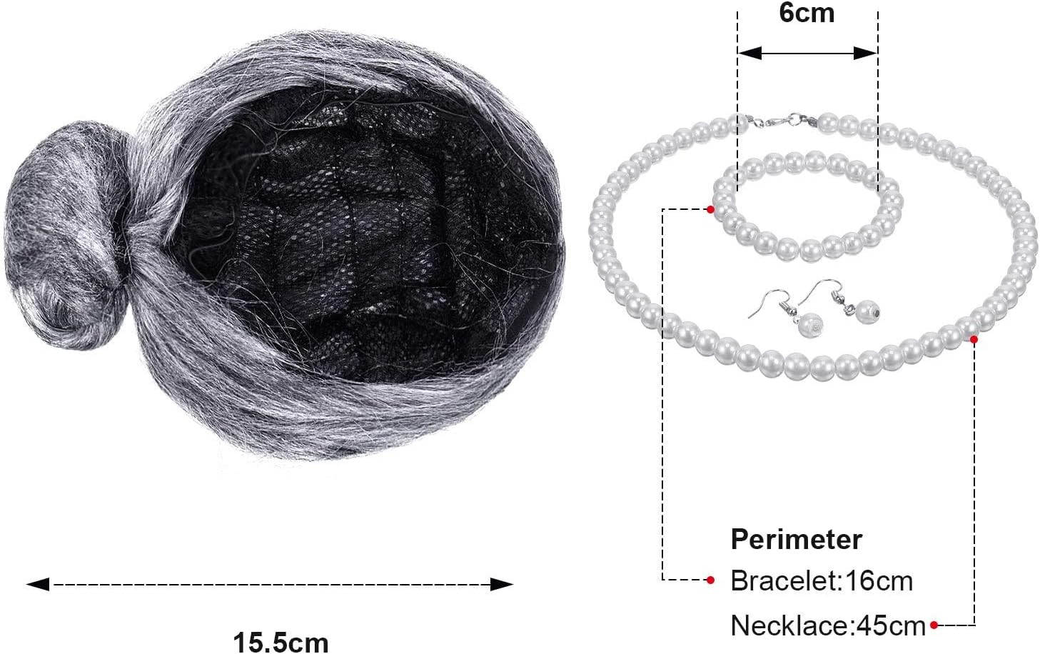 Old Lady Cosplay Set, Grandmother Wig, Wig Cap, Granny Glasses, Eyeglass Chains, Faux Pearl Necklace and Bracelet for Kid Women Halloween Dress up Party