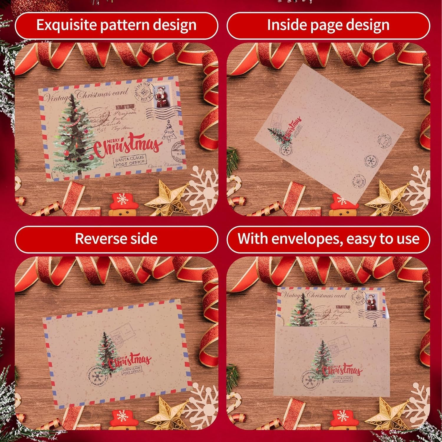 20Pcs Christmas Cards and Envelopes Set, 10Pcs Christmas Tree Greeting Card, 10Pcs Envelopes, Vintage Xmas Cards Blank, Christmas Postcards, for Holiday New Year Christmas Day Wishes Cards Gifts image number 6