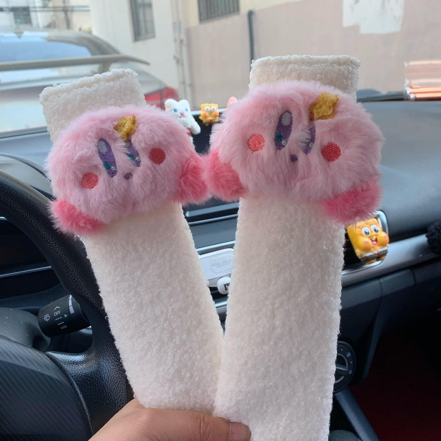 Car Seat Belt Cover Kirby Stocking Stuffers Cute Creative Toy Safety Seatbelt Shoulder Pad Auto Accessory Neck Cushion Protector Seatbelt Shoulder Protector Nice Gift (2-Pack White Kirby)