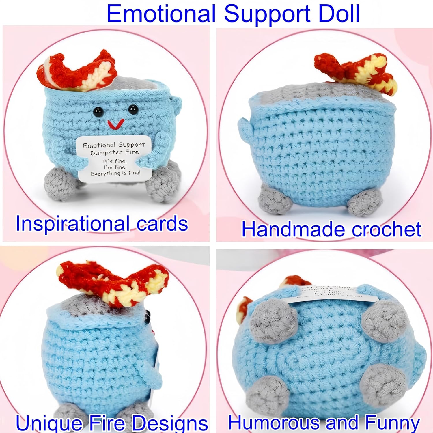 2Pcs Emotional Support Dumpster Fire Doll with Positive Card Positive Crochet Funny Handmade Cute Gifts image number 4