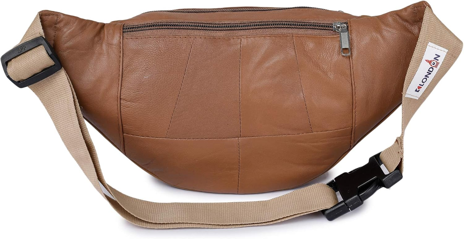 K London Leather Tan Men Women Waist Bag Fanny Bag Travel Pouch Passport Holder (1446_Tan), Beige, L, Fashion Waist Packs