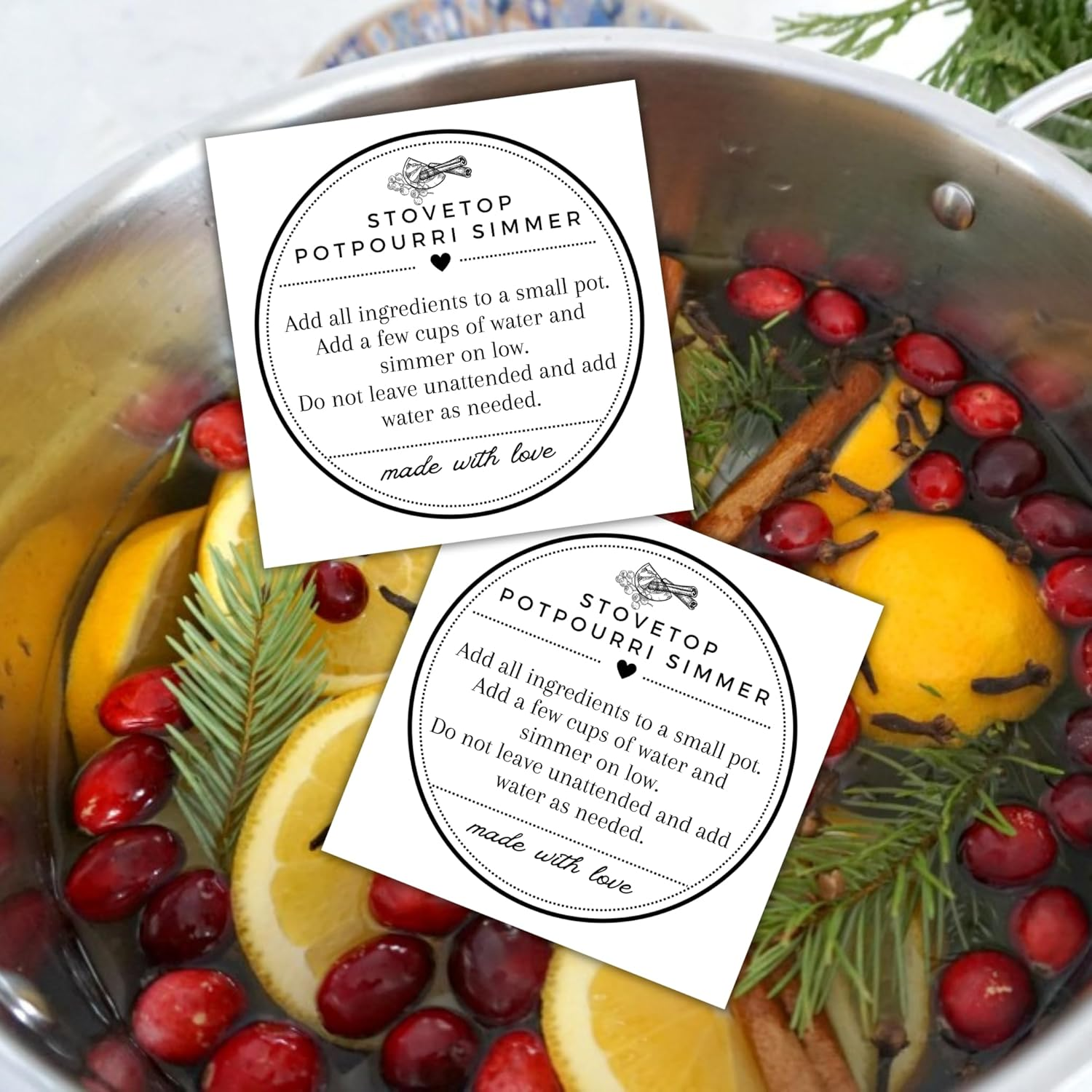 Stovetop Potpourri Instruction Label | 30 Pack 2.5&rdquo;X2.5&rdquo; Square Card Hang Tag for Package Stove Top Simmer Christmas Holiday Home Scent Use with Glass Saucepan Stove-Top Steamer Pot