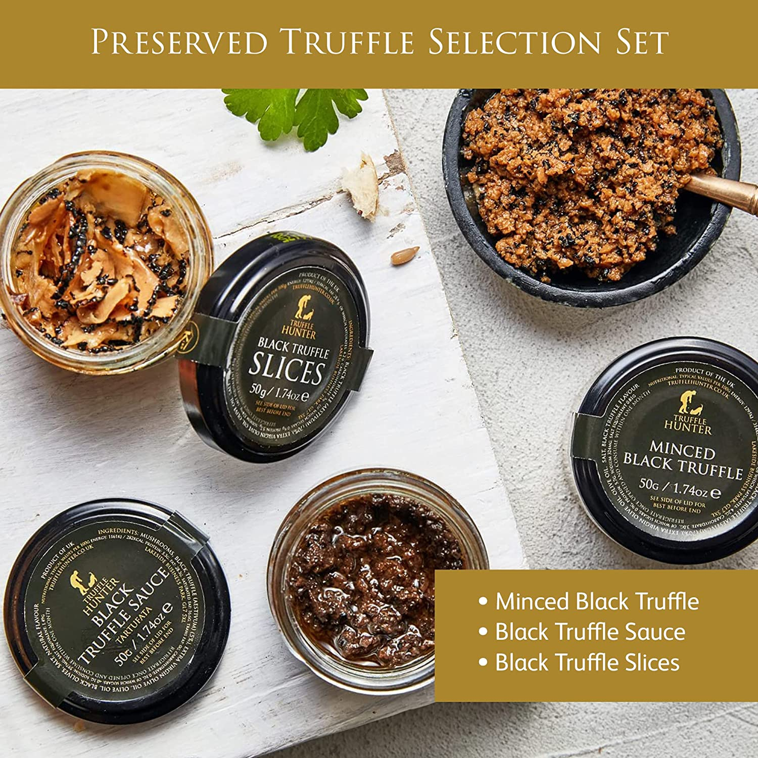 Trufflehunter - Preserved Black Truffle Selection - Minced Truffle, Truffle Slices, Truffle Sauce - 3 X 50G image number 5