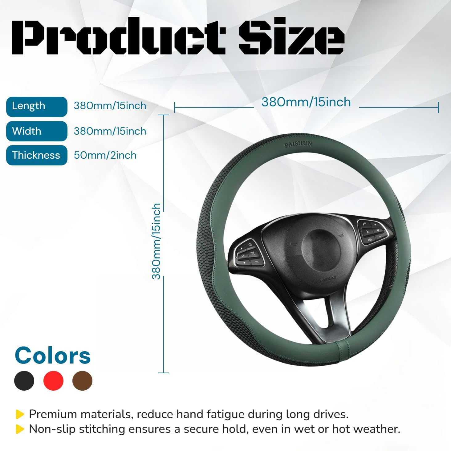 Car Steering Wheel Cover, Universal 15 Inch, Microfiber Leather, Breathable, Anti-Slip,Warm in Winter and Cool in Summer - Black image number 7